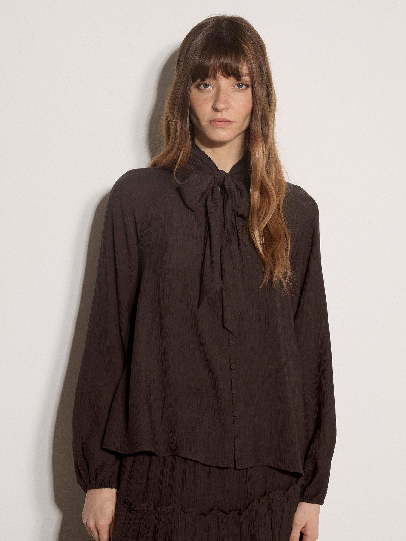 Image 1 of 5 of Apricot Tie Neck Crinkle Blouse - Brown