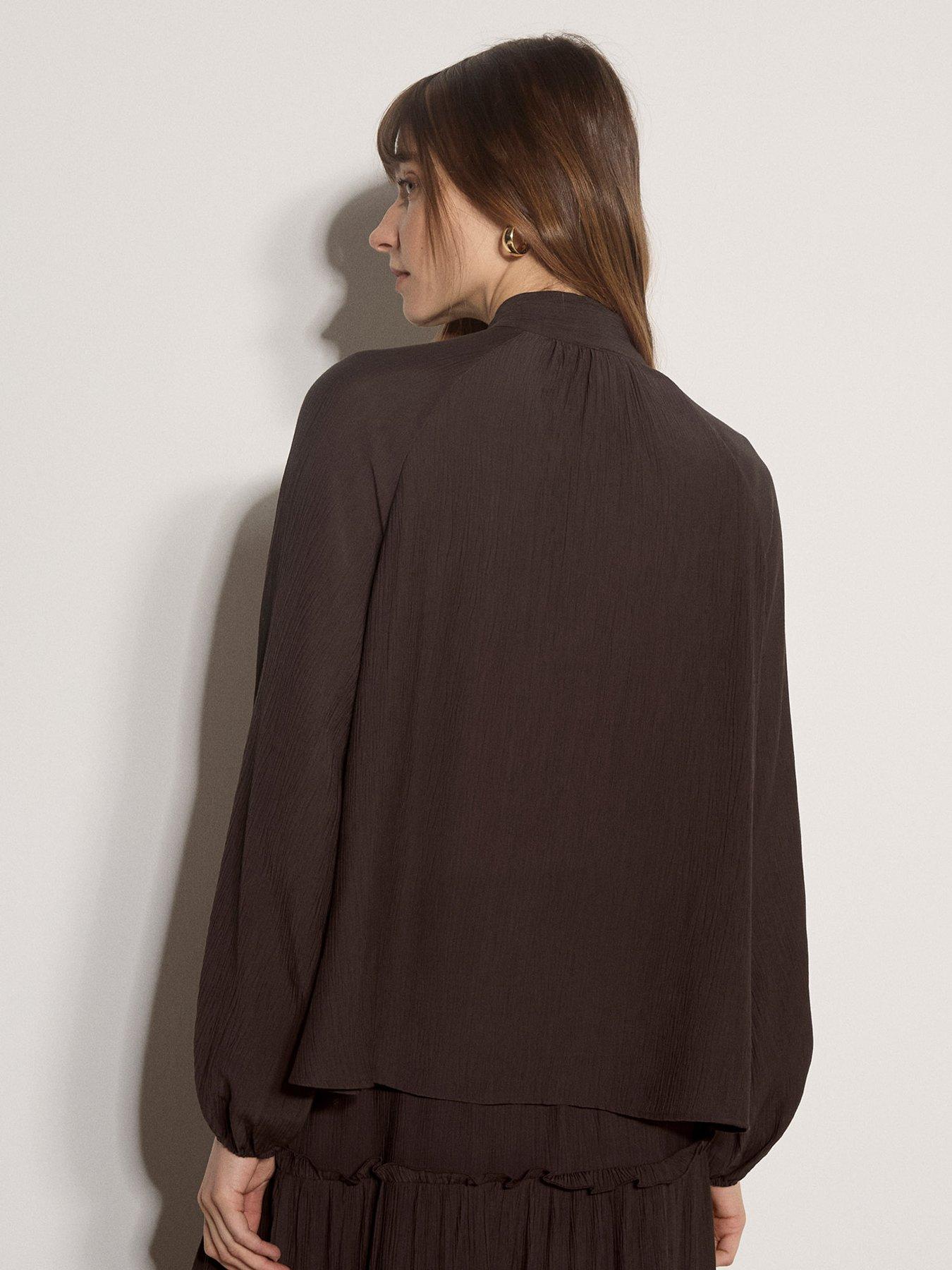 Image 2 of 5 of Apricot Tie Neck Crinkle Blouse - Brown