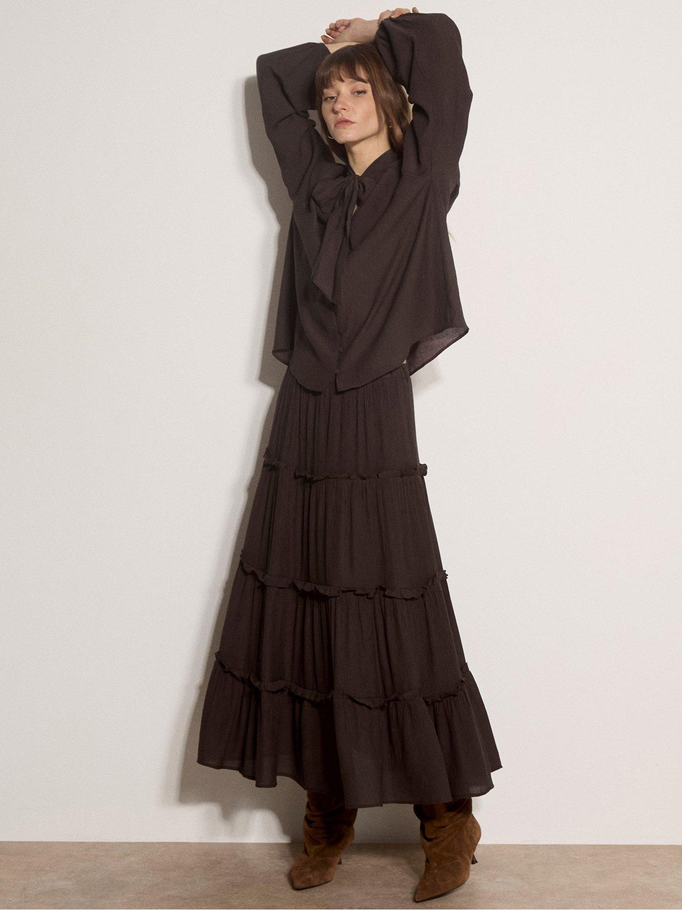 Image 3 of 5 of Apricot Tie Neck Crinkle Blouse - Brown