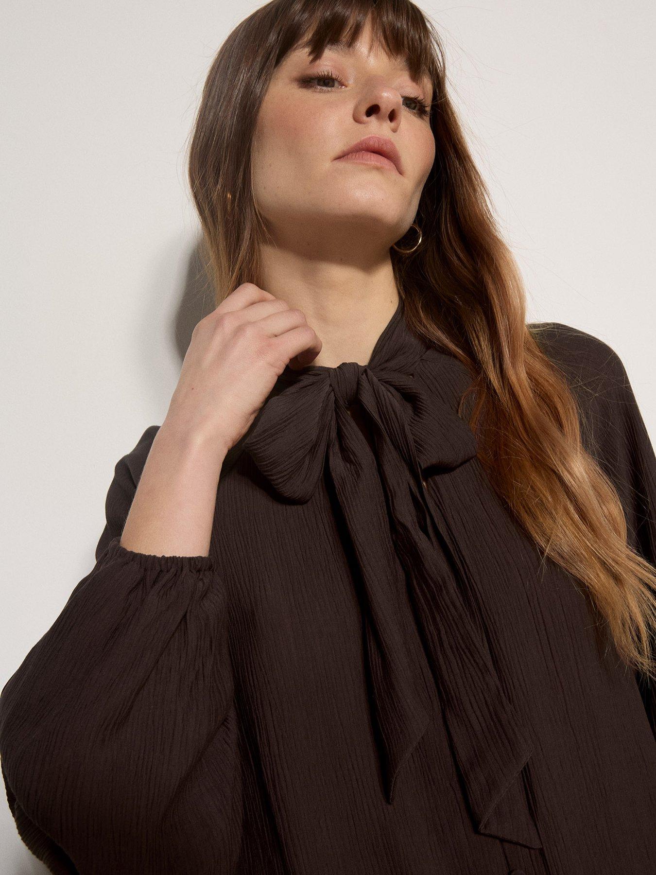 Image 4 of 5 of Apricot Tie Neck Crinkle Blouse - Brown