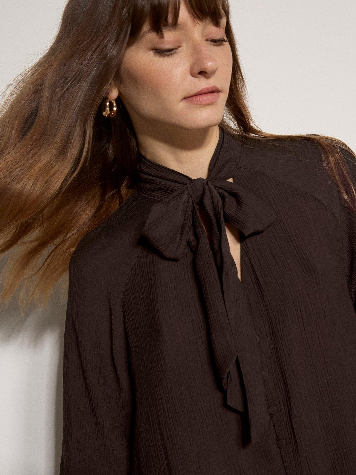 Image 5 of 5 of Apricot Tie Neck Crinkle Blouse - Brown