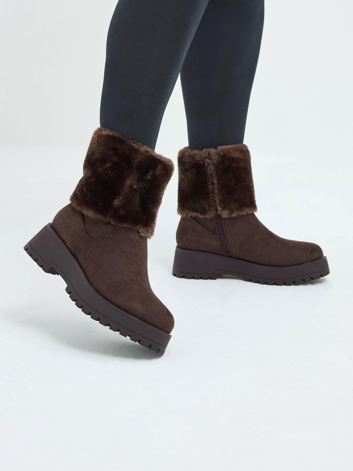 Image 1 of 4 of Yours Wide Fit Fur Cuff Wedge Chelsea Boot - Brown