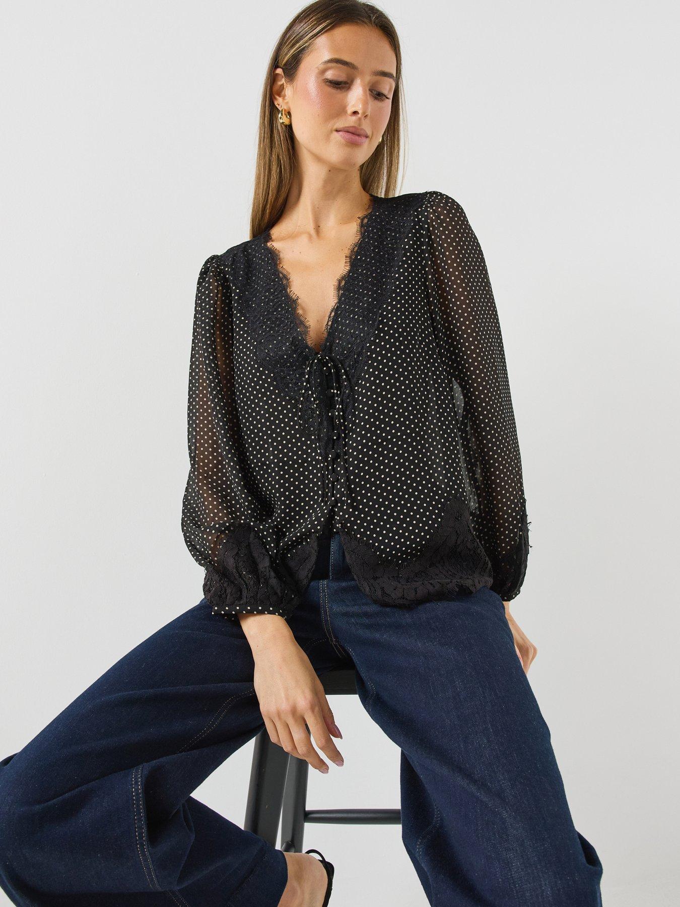 Image 1 of 6 of Albaray Womens Lace Trim Tie Front Spot Chiffon Blouse - Black