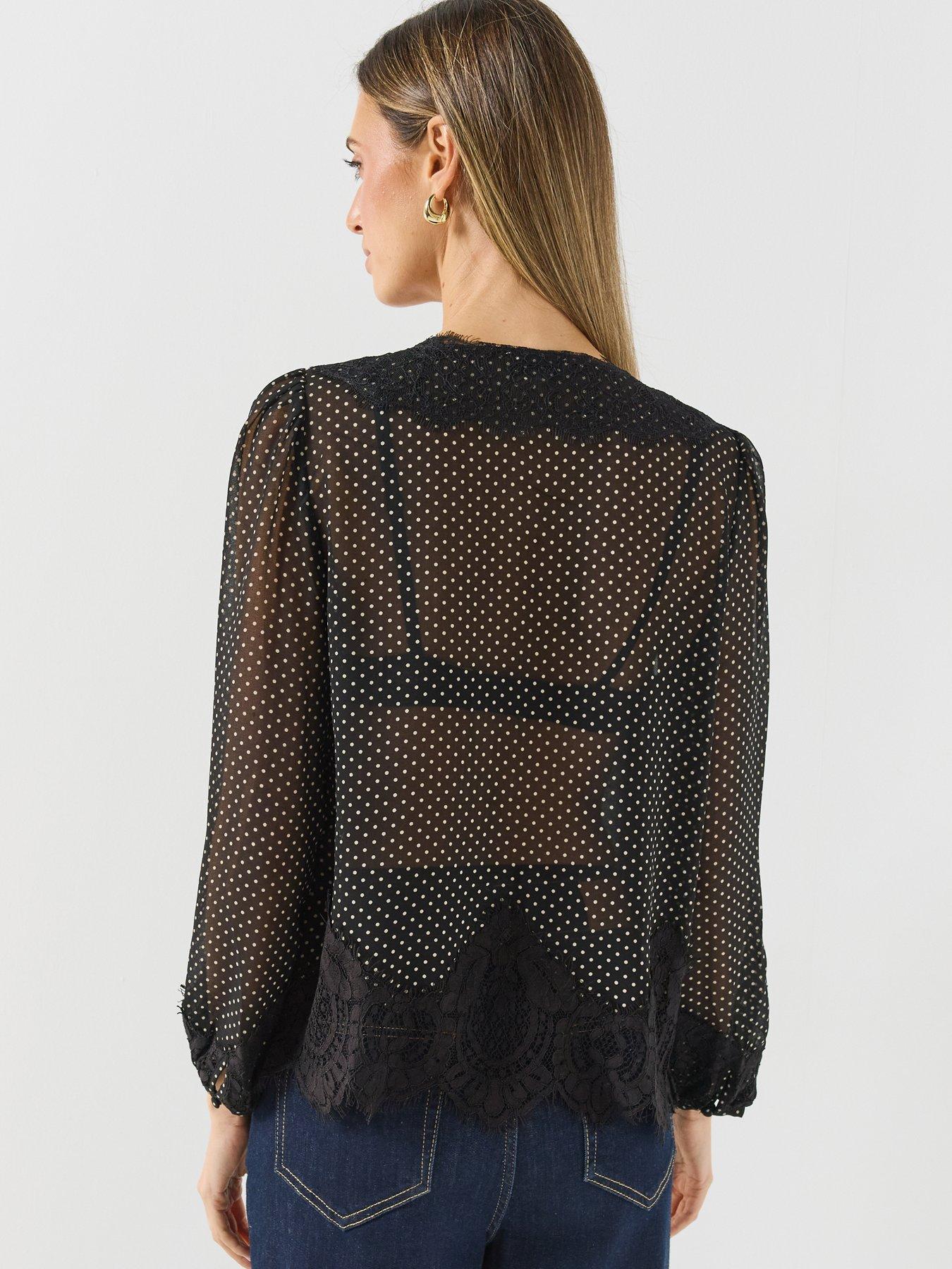 Image 2 of 6 of Albaray Womens Lace Trim Tie Front Spot Chiffon Blouse - Black