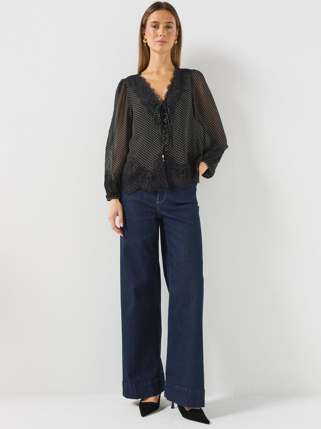 Image 3 of 6 of Albaray Womens Lace Trim Tie Front Spot Chiffon Blouse - Black