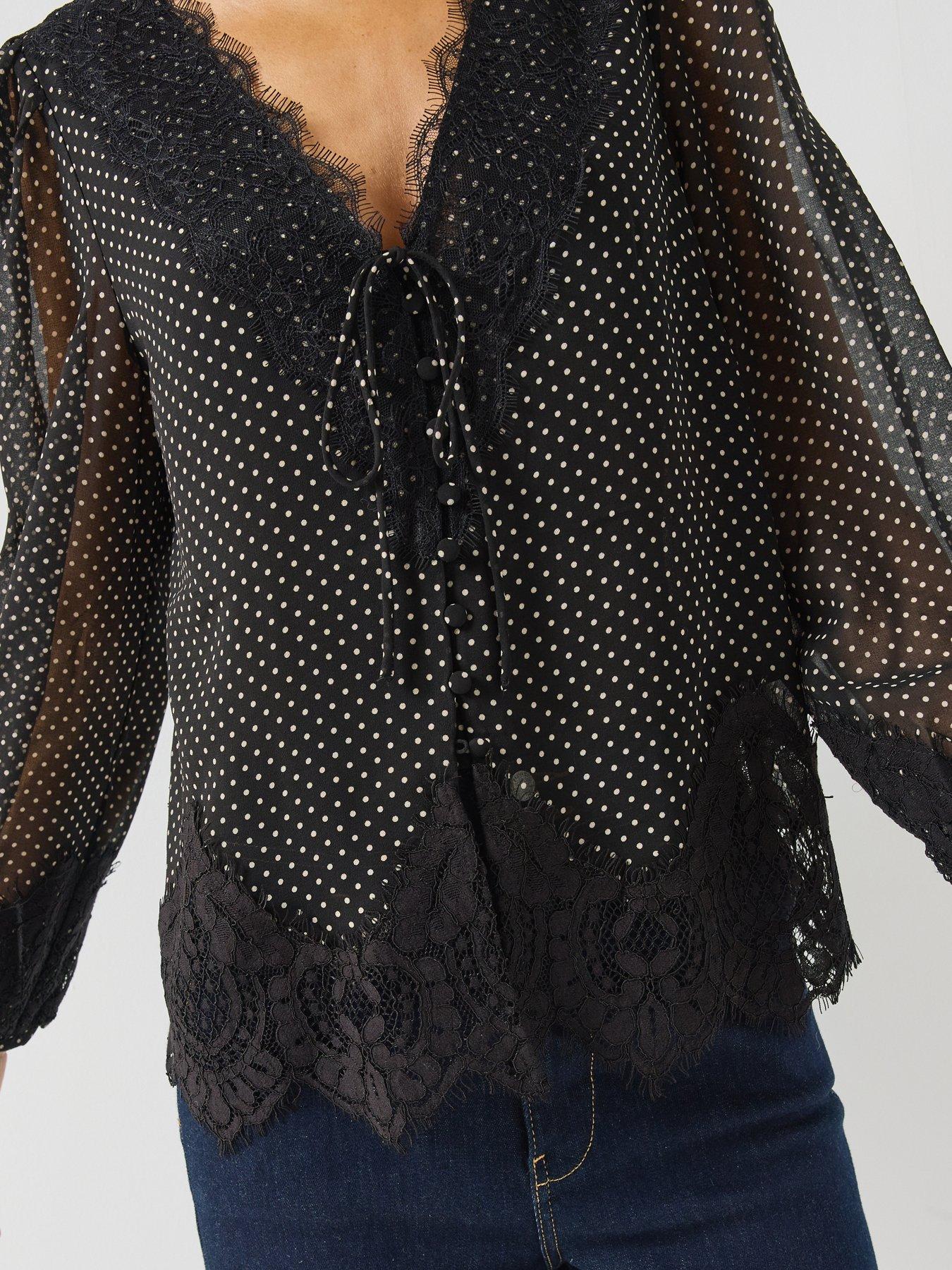 Image 4 of 6 of Albaray Womens Lace Trim Tie Front Spot Chiffon Blouse - Black
