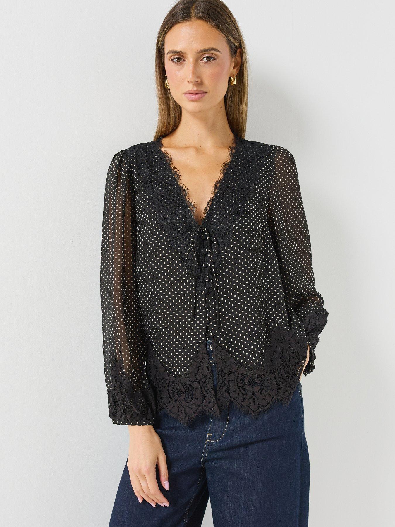 Image 6 of 6 of Albaray Womens Lace Trim Tie Front Spot Chiffon Blouse - Black