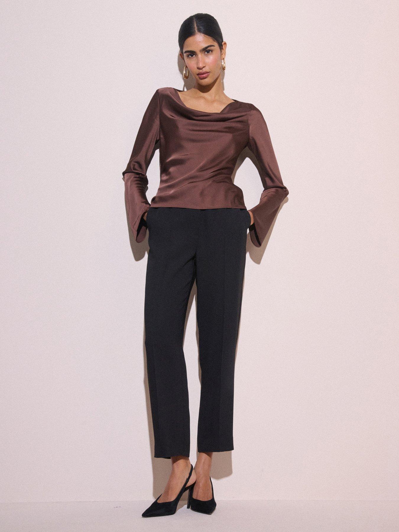 Image 1 of 5 of Nobodys Child Womens Cruz Cowl Neck Flared Cuff Satin-Look Blouse - Brown