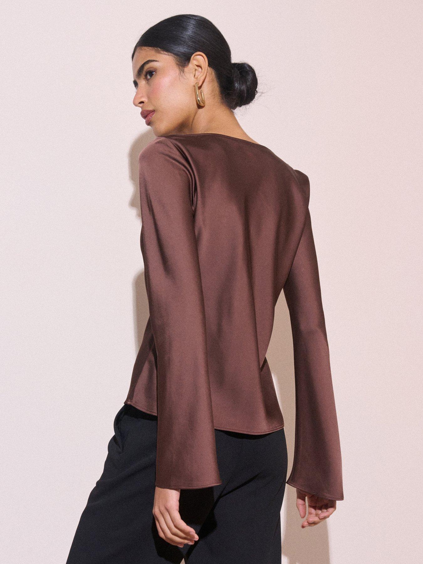 Image 2 of 5 of Nobodys Child Womens Cruz Cowl Neck Flared Cuff Satin-Look Blouse - Brown