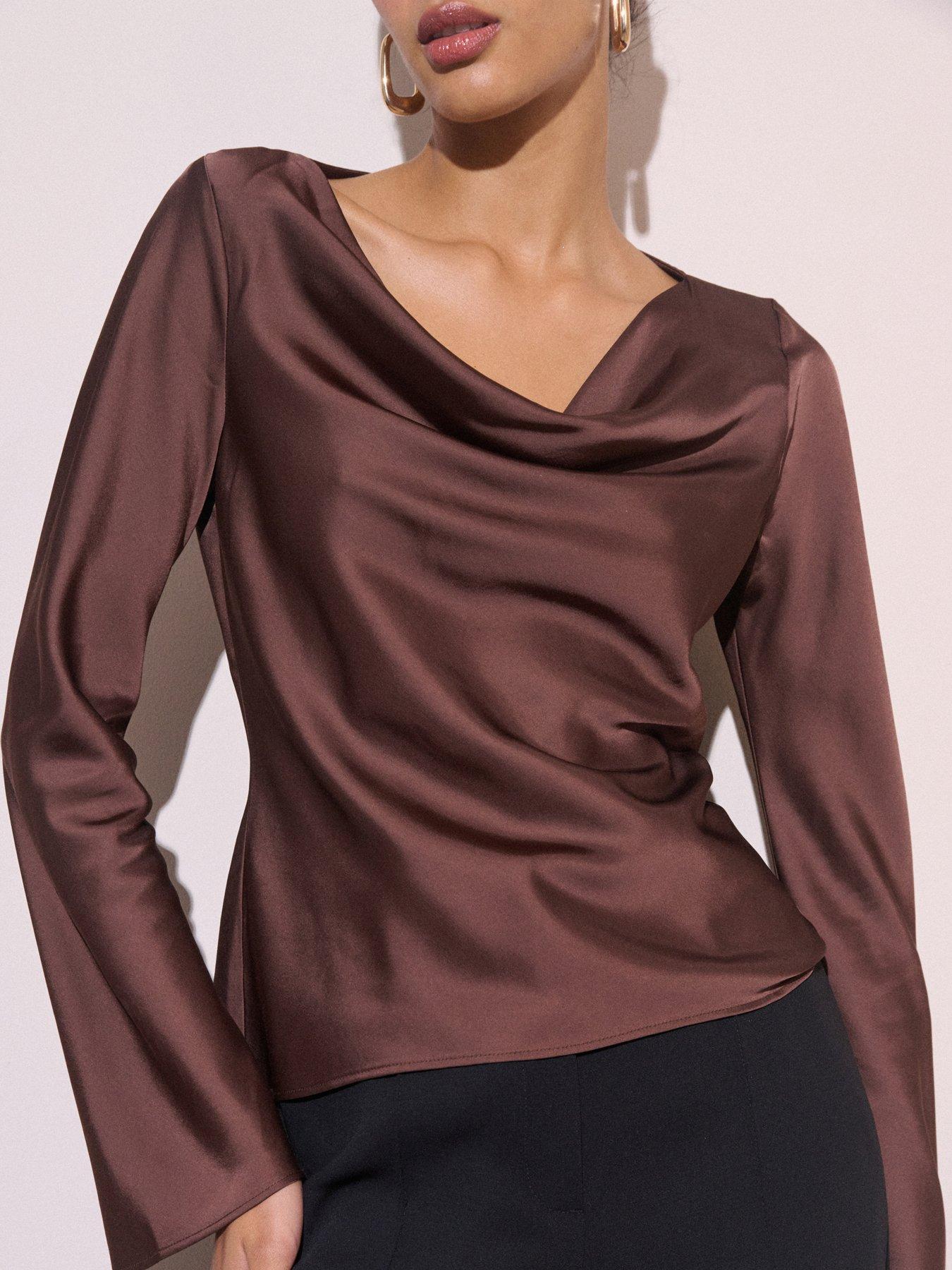 Image 4 of 5 of Nobodys Child Womens Cruz Cowl Neck Flared Cuff Satin-Look Blouse - Brown
