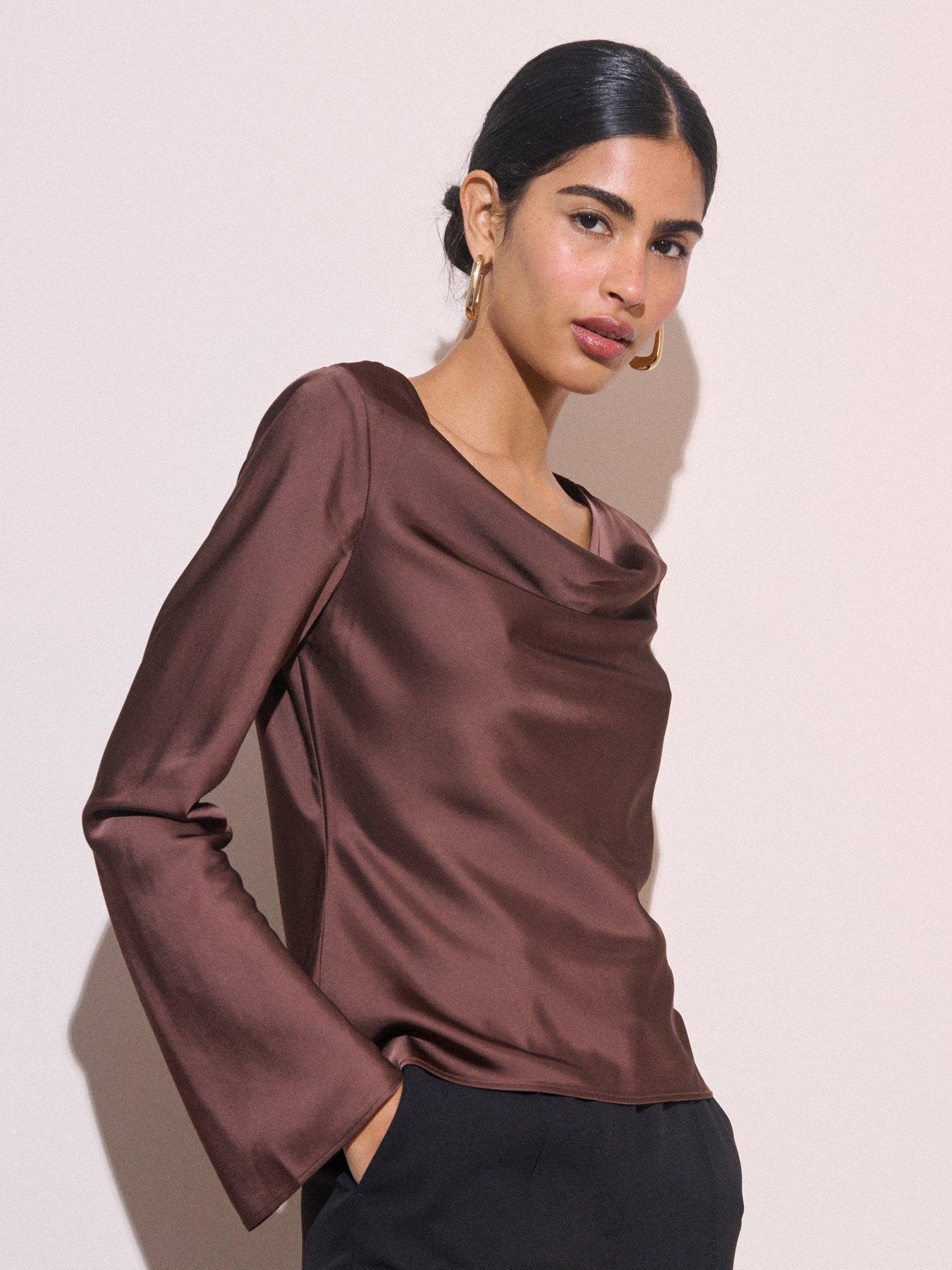 Image 5 of 5 of Nobodys Child Womens Cruz Cowl Neck Flared Cuff Satin-Look Blouse - Brown