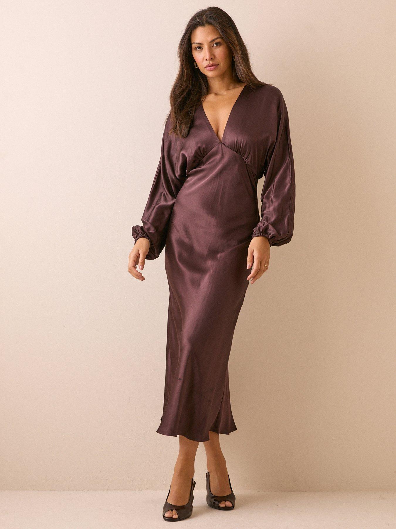 Nobodys Child Womens Allura Satin-Look V-Neck Blouson Sleeve Midi Dress, Brown, Size 12, Women