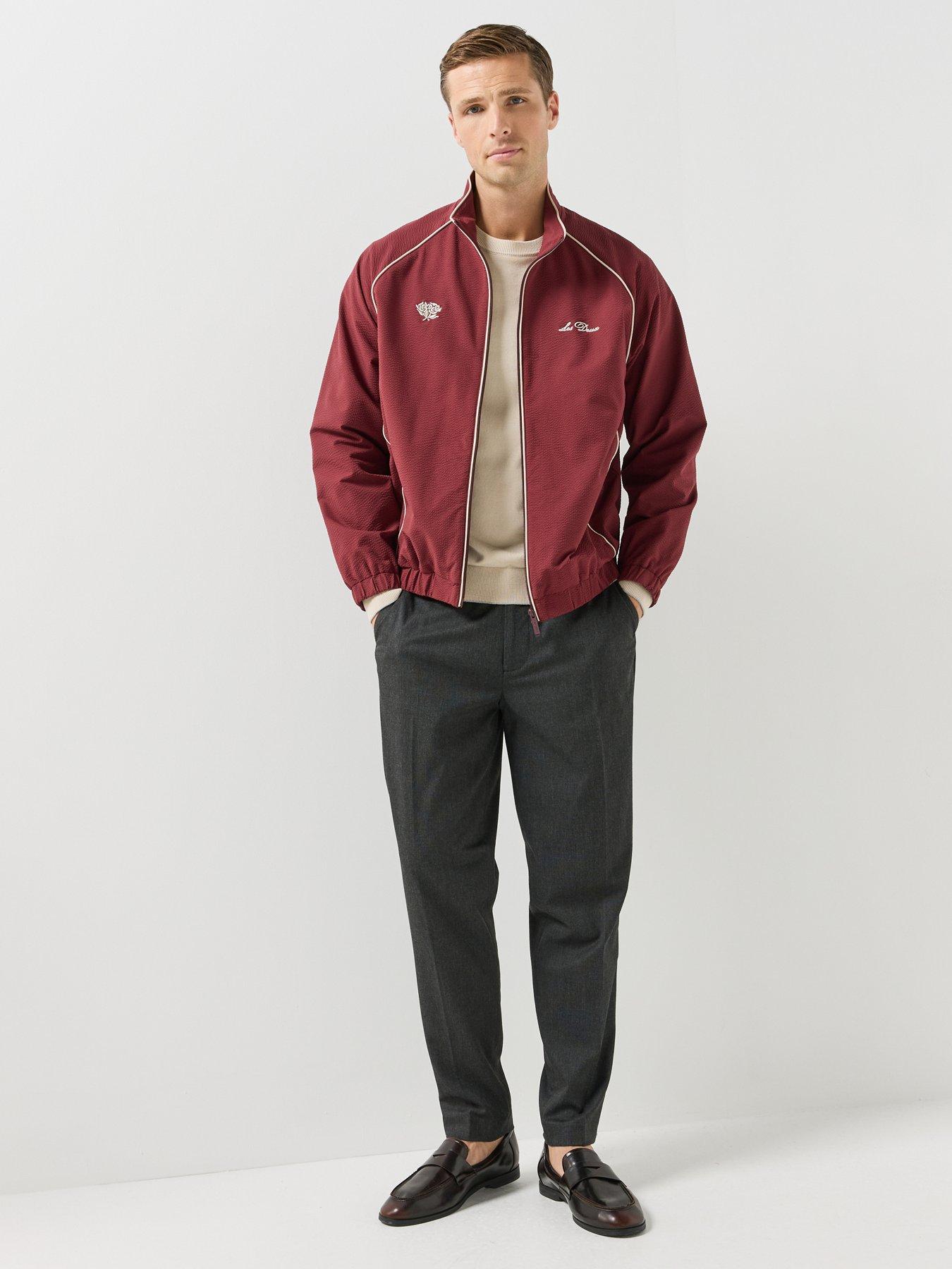 Image 3 of 6 of Les Deux Les Deux Mens Seersucker Contrast Piping Track Jacket - Dark Red