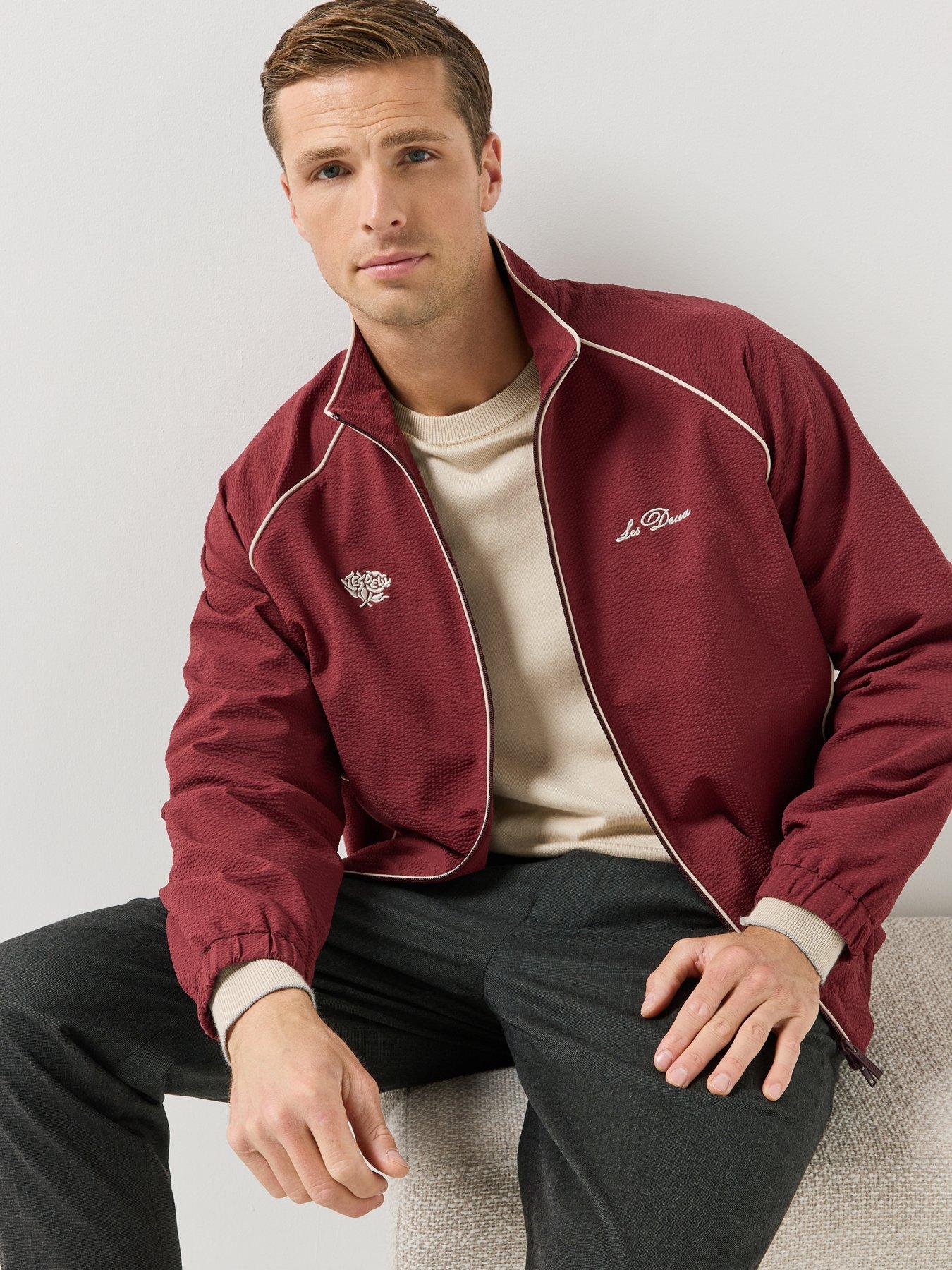 Image 6 of 6 of Les Deux Les Deux Mens Seersucker Contrast Piping Track Jacket - Dark Red