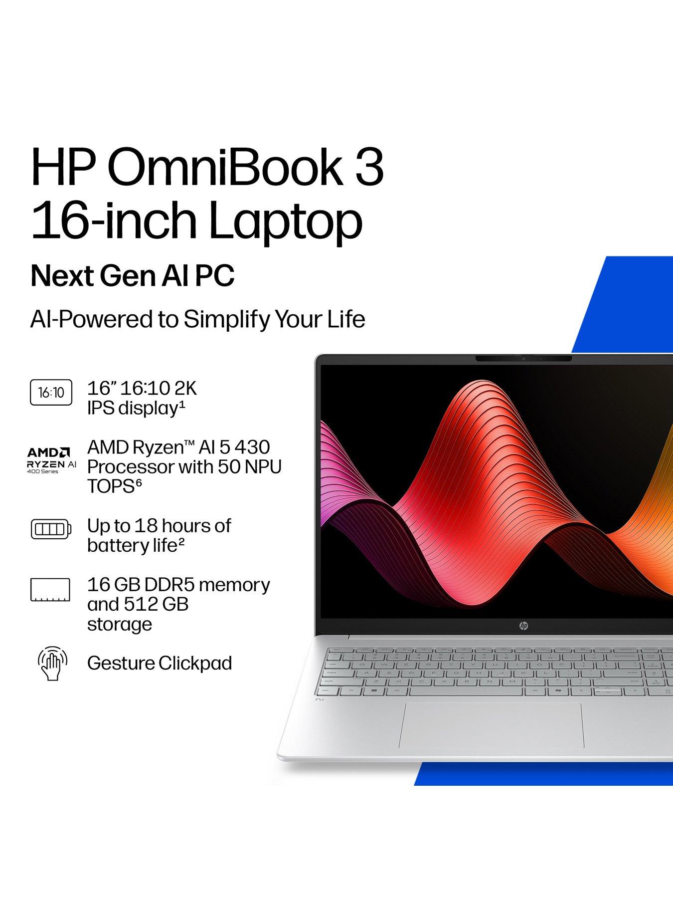 Image 3 of 8 of HP OmniBook 3 NG AI PC - Copilot+ PC - AMD Ryzen AI 5 - 16GB RAM - 512GB SSD - 16in 2K IPS - Silver - No Power Adaptor Included