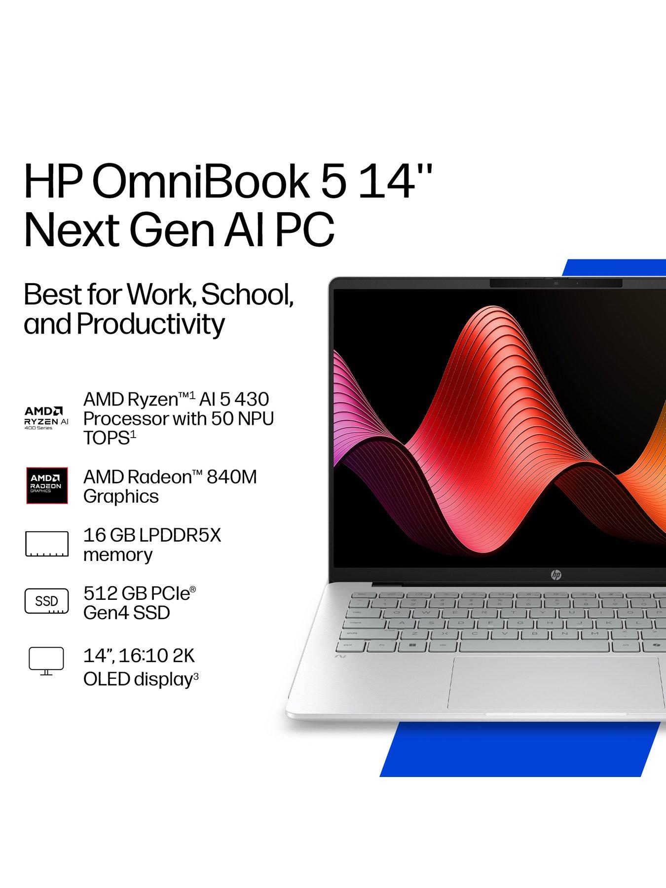 Image 3 of 8 of HP OmniBook 5 NG AI PC - Copilot+ PC - AMD Ryzen AI 5 - 16GB RAM - 512GB SSD - 14in 2K OLED - Silver - No Power Adaptor Included