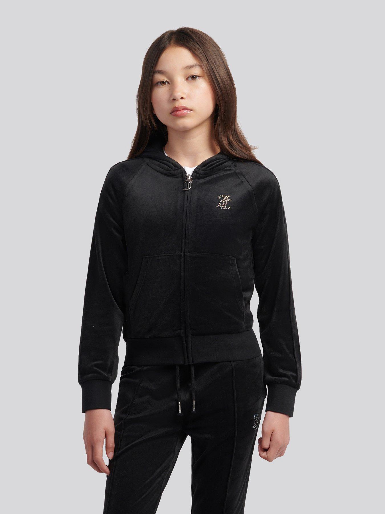 Image 1 of 5 of Juicy Couture Girls Velour Diamante Zip Through Hoodie - Black