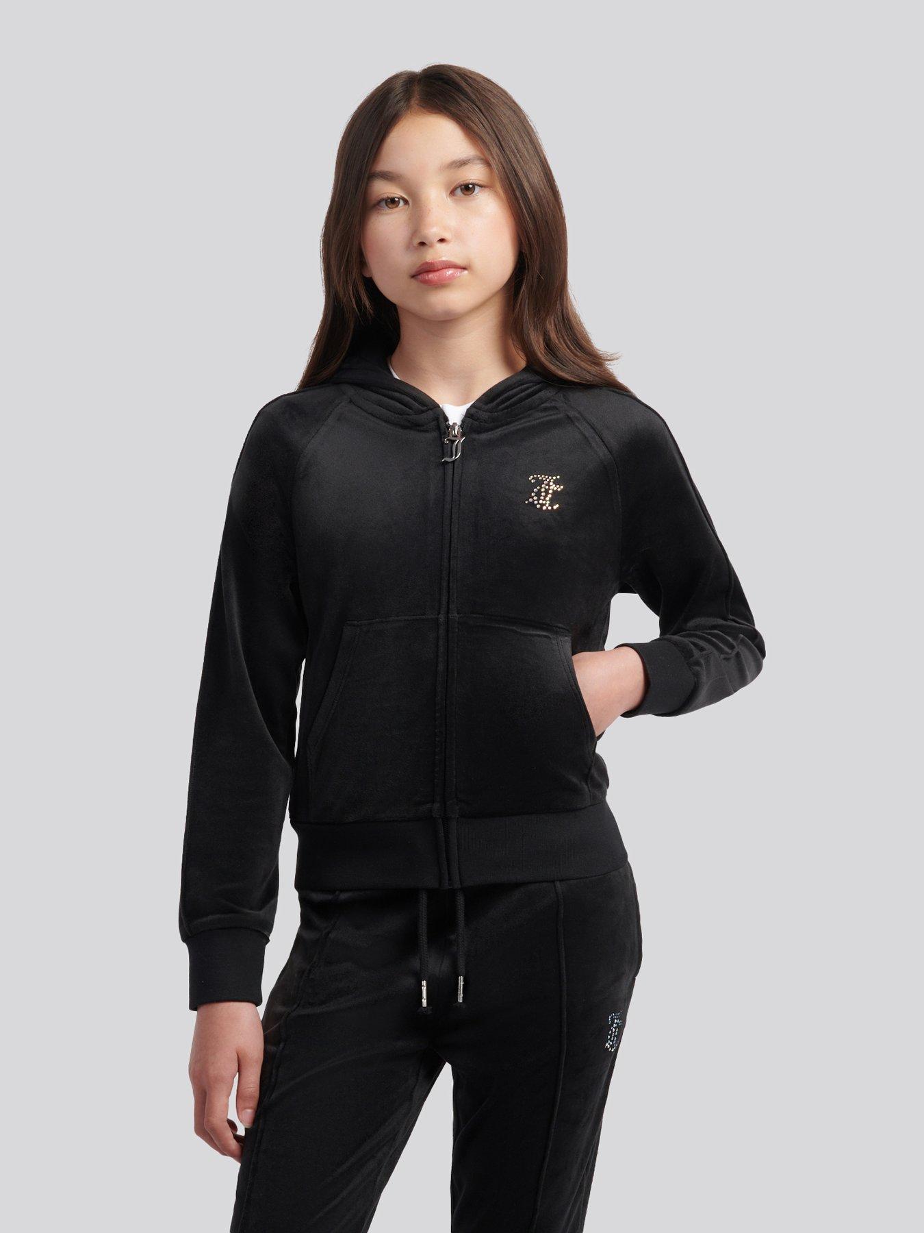 Image 3 of 5 of Juicy Couture Girls Velour Diamante Zip Through Hoodie - Black