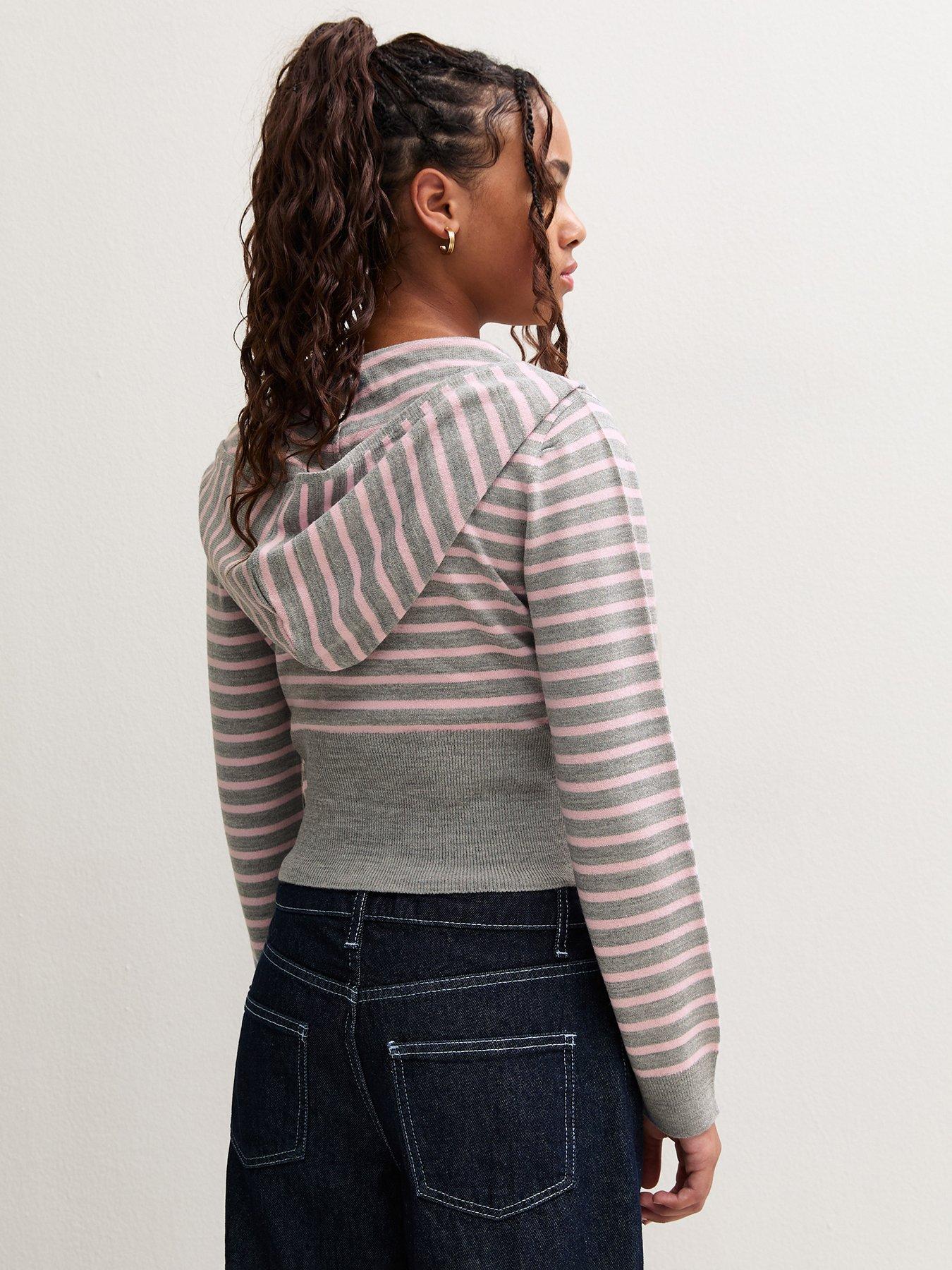 Image 2 of 6 of New Look 915 Girls Stripe Zip Front Knitted Cropped Hoodie - Grey