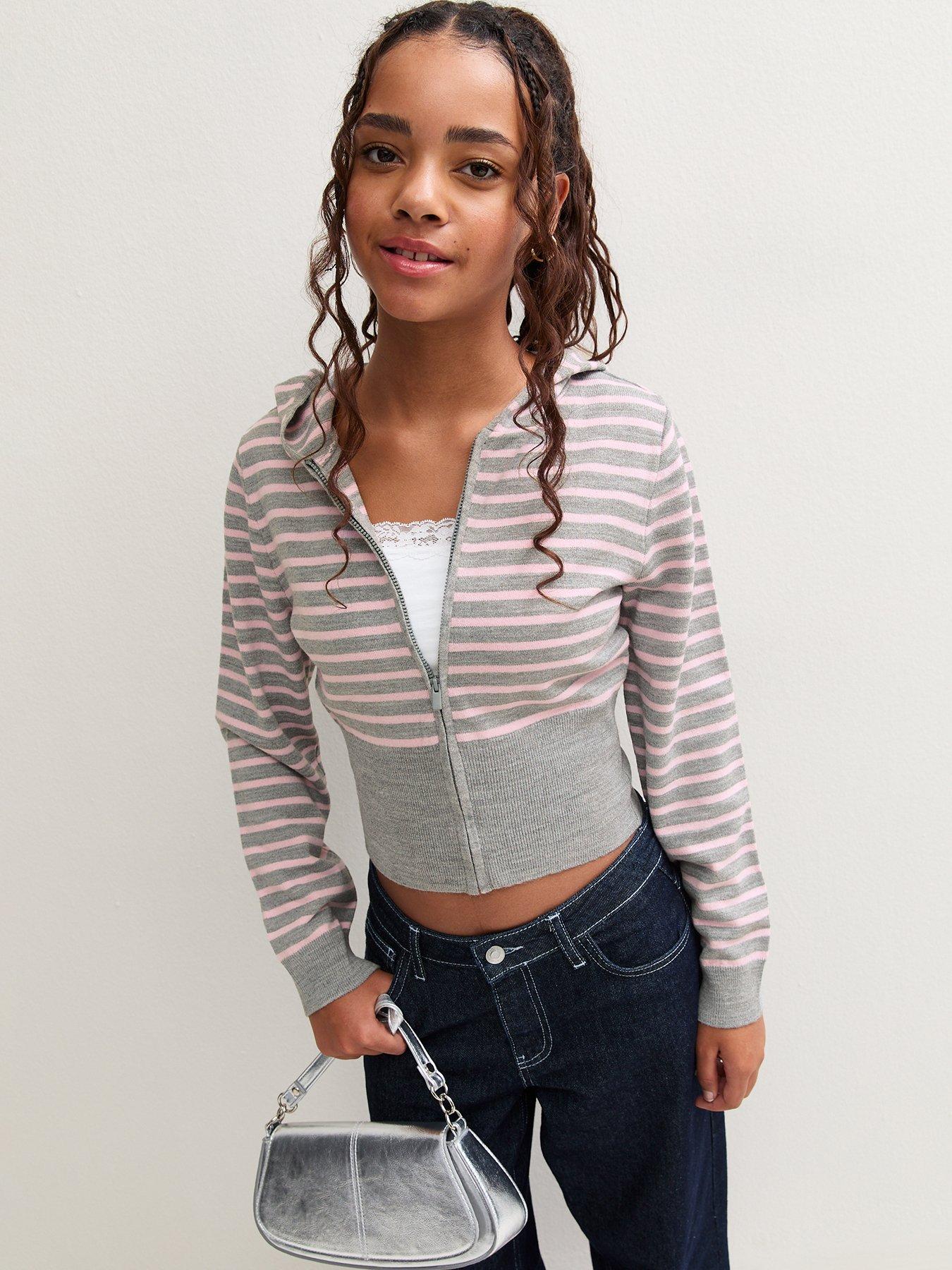 Image 4 of 6 of New Look 915 Girls Stripe Zip Front Knitted Cropped Hoodie - Grey