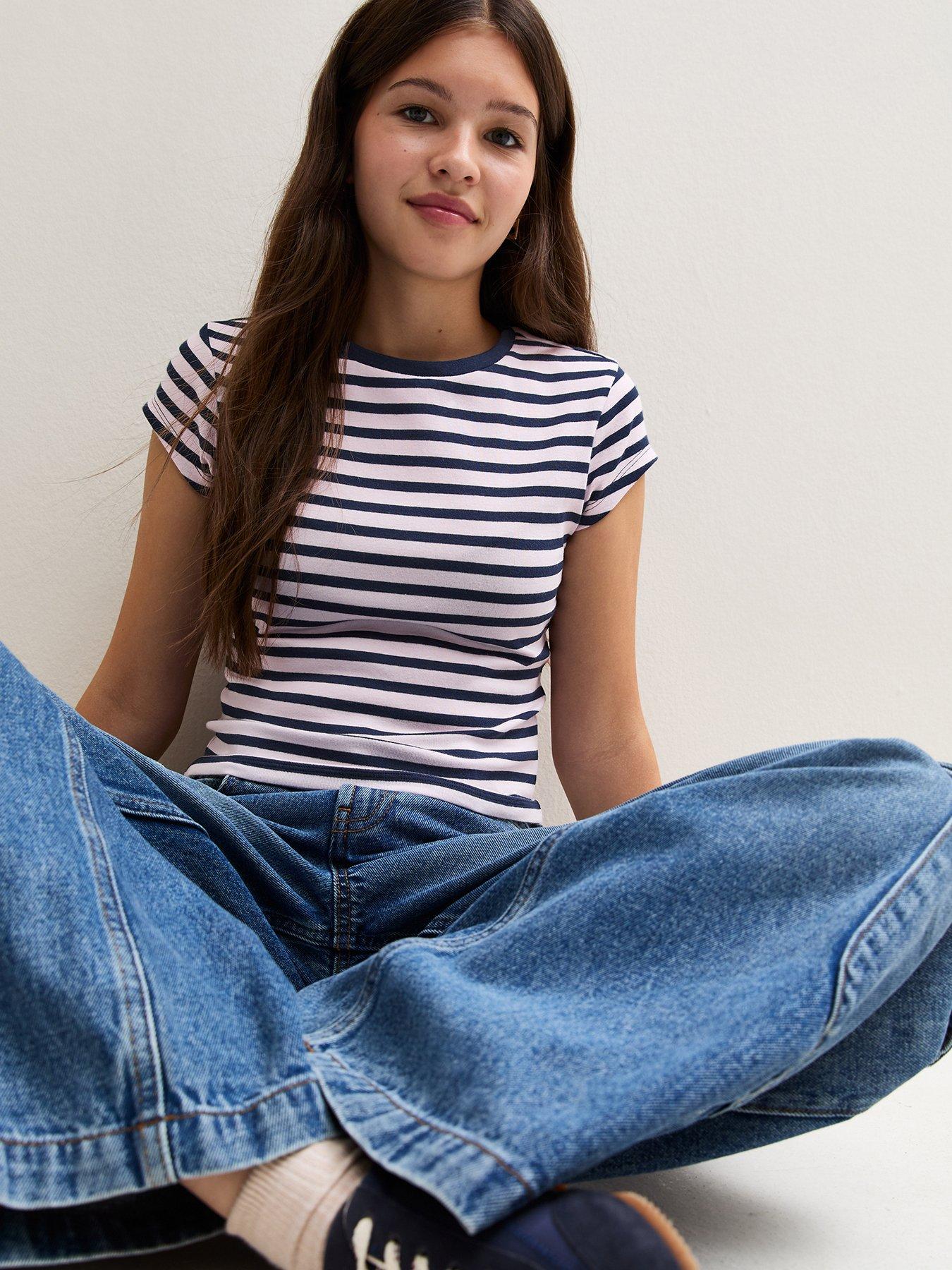 Image 1 of 5 of New Look 915 Girls Stripe Cap Sleeve T-Shirt - Blue