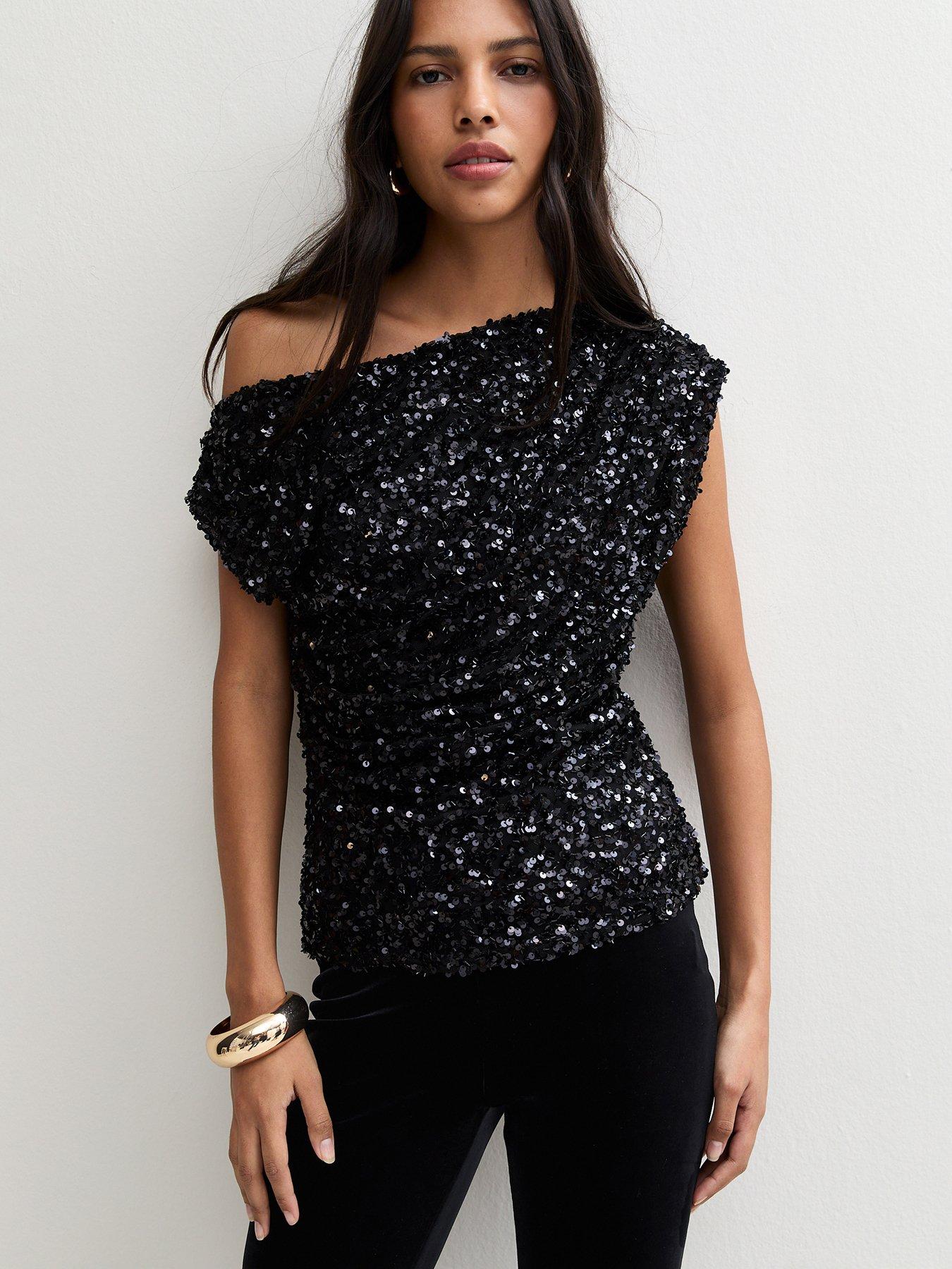 Image 1 of 6 of New Look Black Sequin Embellished Fallen Shoulder Top