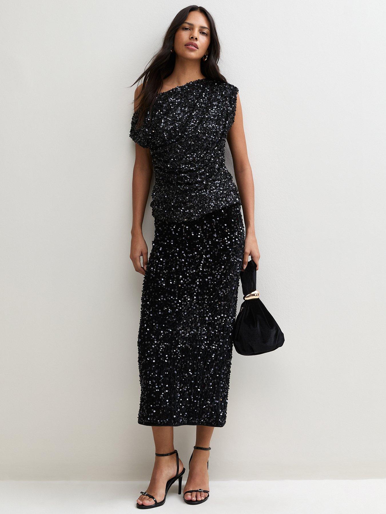 Image 3 of 6 of New Look Black Sequin Embellished Fallen Shoulder Top