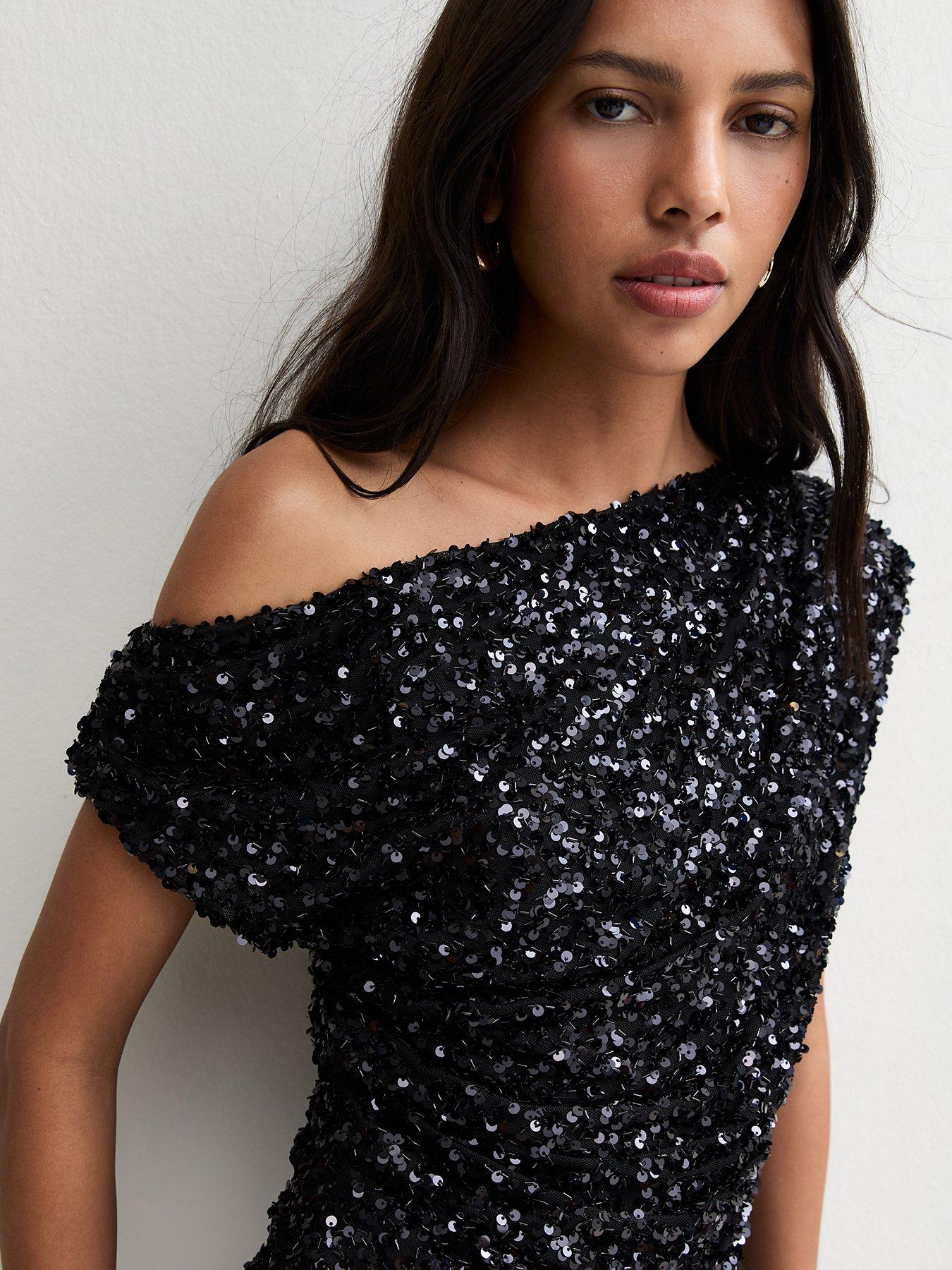 Image 5 of 6 of New Look Black Sequin Embellished Fallen Shoulder Top