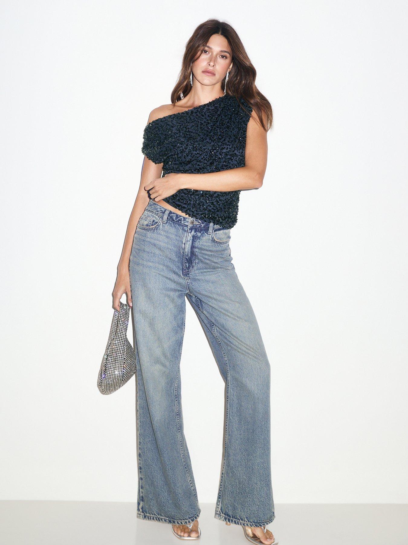 Image 3 of 6 of New Look Womens Sequin One Shoulder Fallen Shoulder Top&nbsp;- Blue