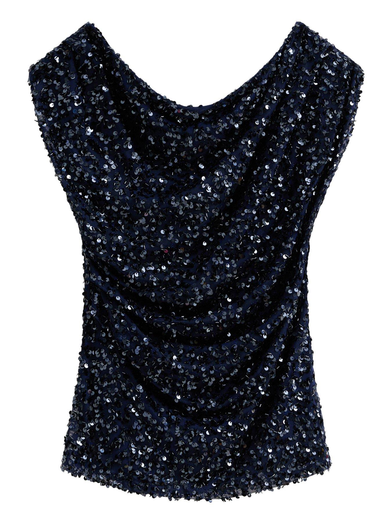 Image 6 of 6 of New Look Womens Sequin One Shoulder Fallen Shoulder Top&nbsp;- Blue