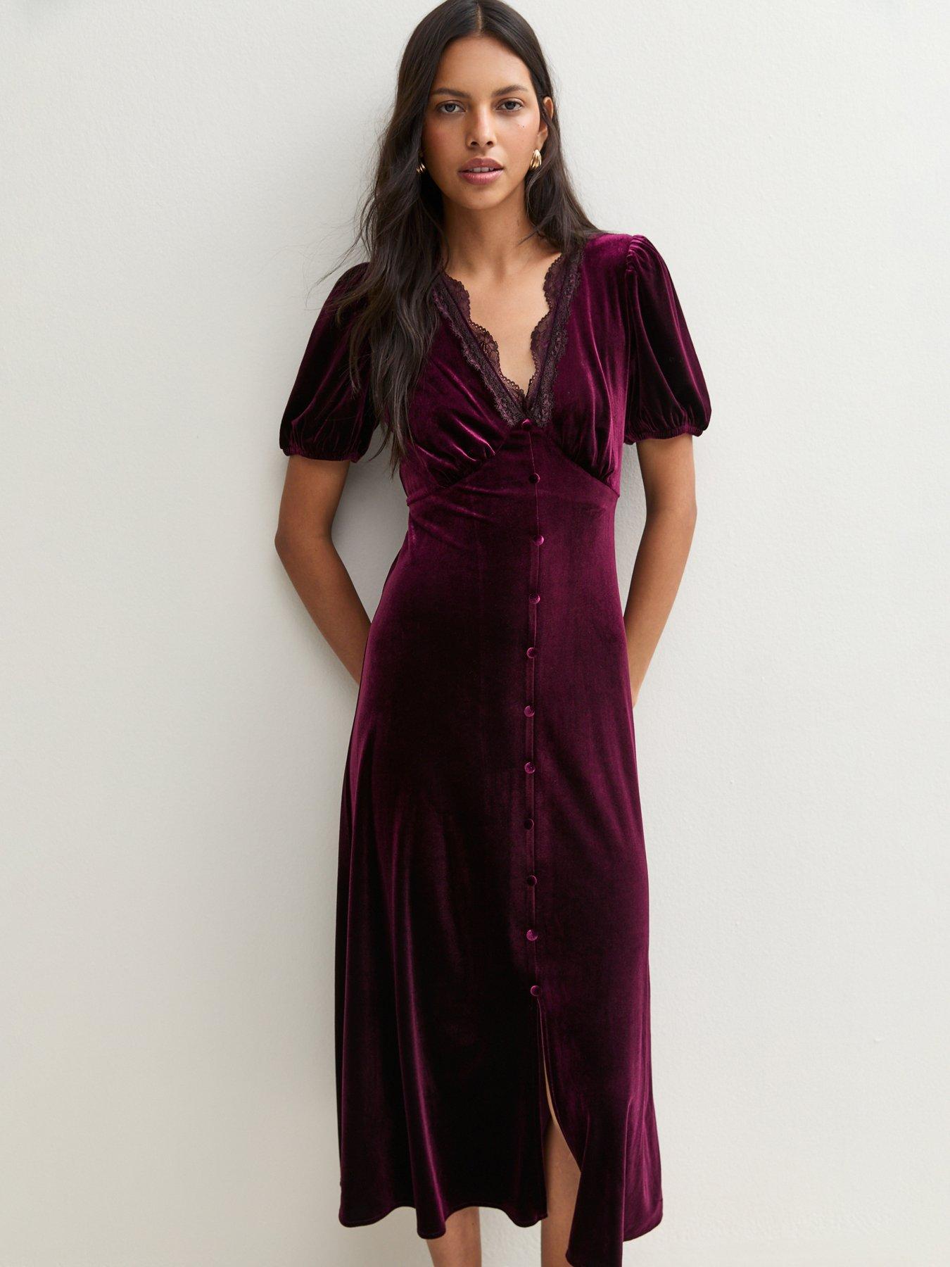 Image 1 of 5 of New Look Womens Empire Line Lace Trim Velvet Midi Dress - Burgundy