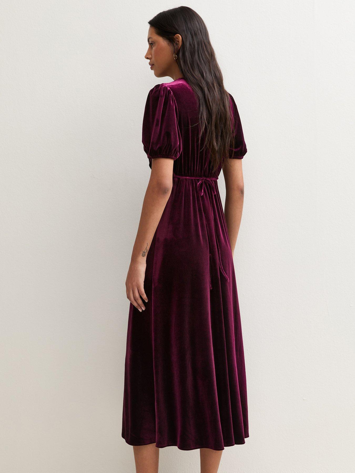 Image 2 of 5 of New Look Womens Empire Line Lace Trim Velvet Midi Dress - Burgundy