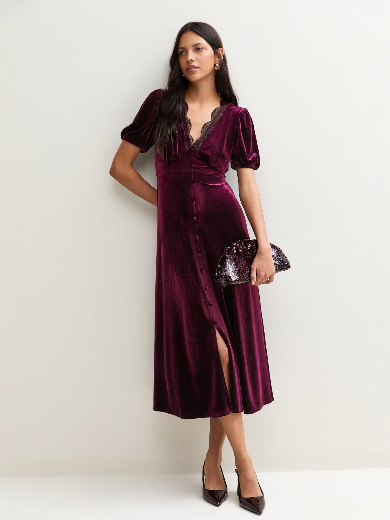 Image 3 of 5 of New Look Womens Empire Line Lace Trim Velvet Midi Dress - Burgundy