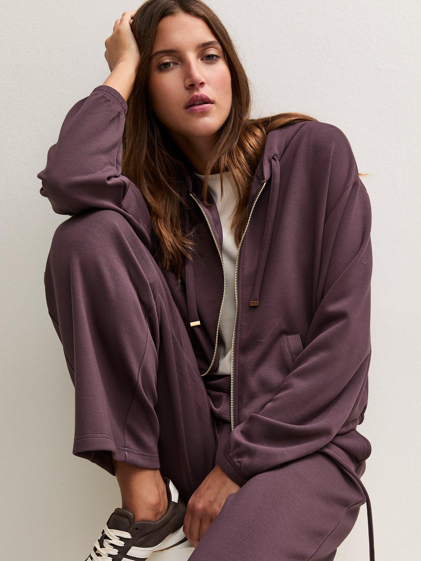 Image 1 of 4 of New Look Premium Dark Burgundy Drawstring Hem Zip Up Co-ord Hoodie