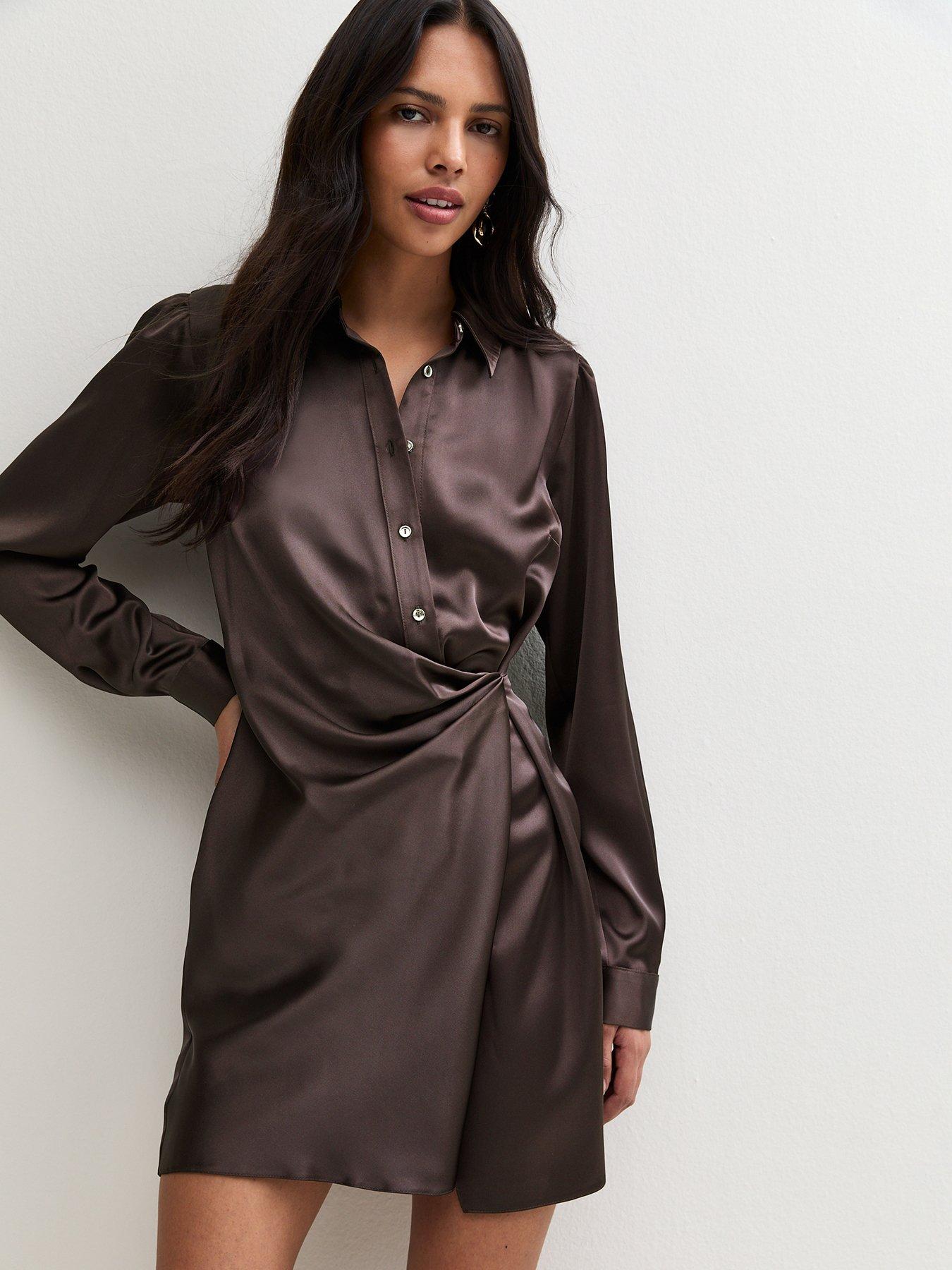 Image 1 of 5 of New Look Womens Ruched Satin-Look Mini Shirt Dress - Brown