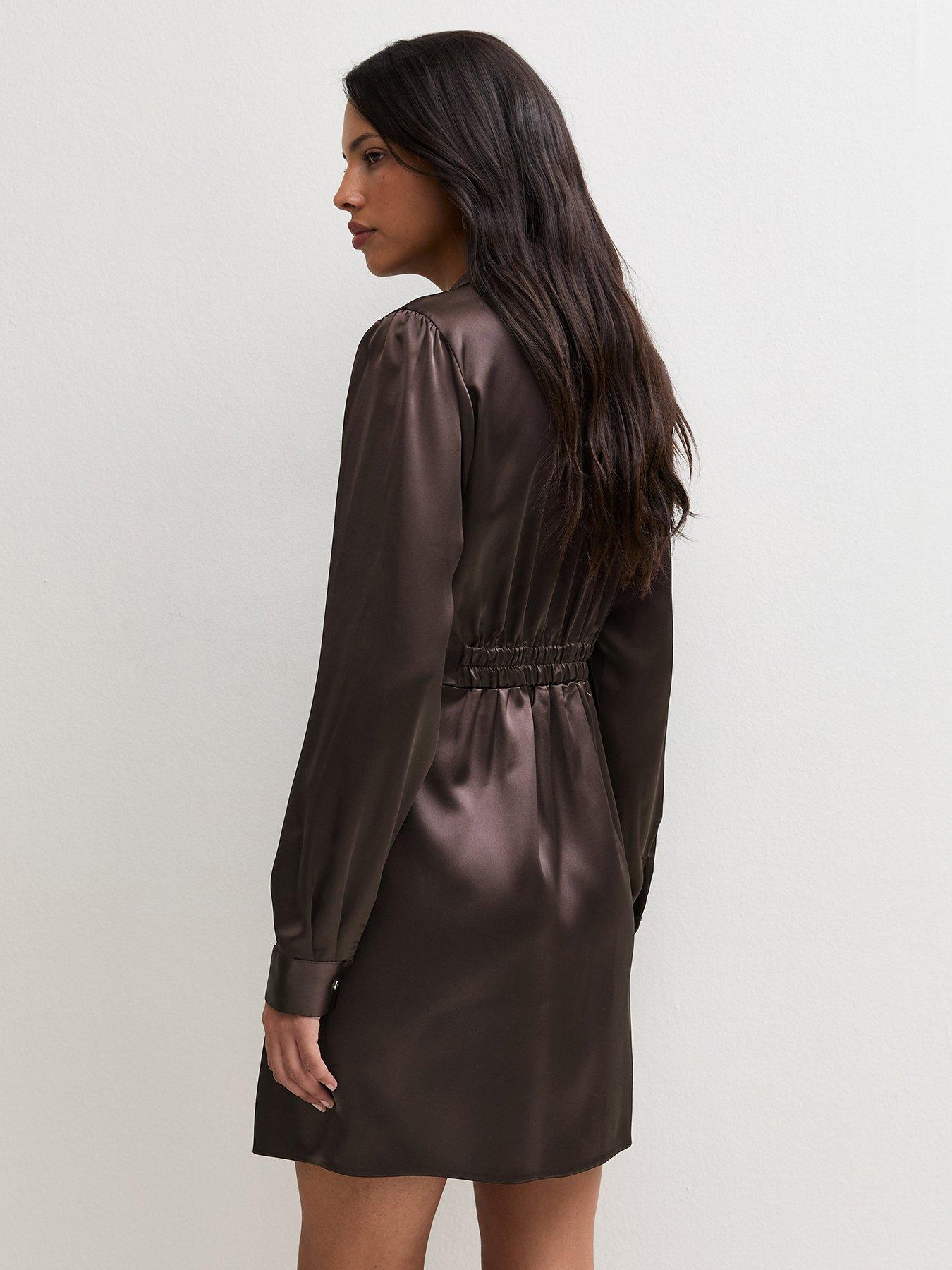 Image 2 of 5 of New Look Womens Ruched Satin-Look Mini Shirt Dress - Brown