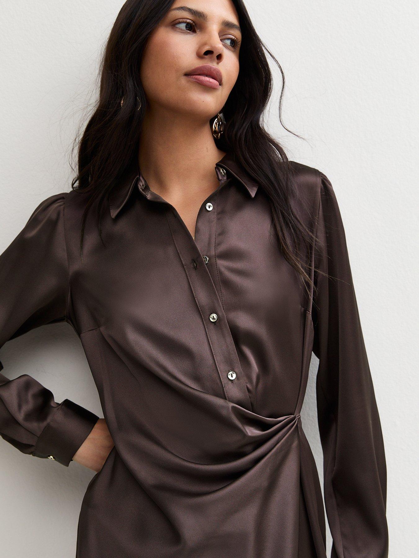 Image 4 of 5 of New Look Womens Ruched Satin-Look Mini Shirt Dress - Brown