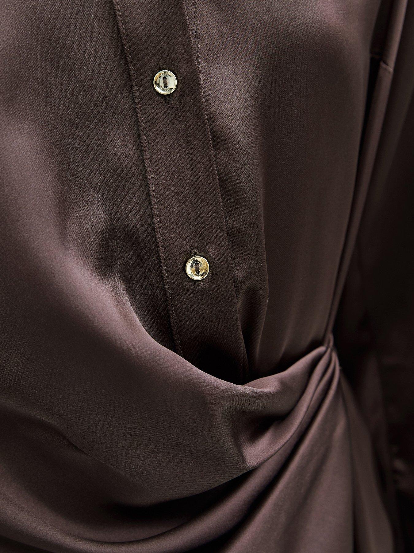 Image 5 of 5 of New Look Womens Ruched Satin-Look Mini Shirt Dress - Brown