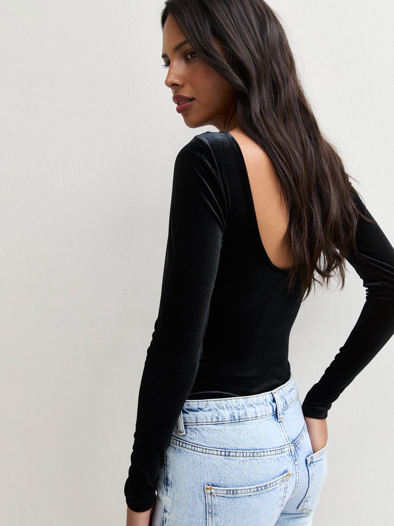 Image 2 of 7 of New Look Womens Velvet Scoop Back Long Sleeve Bodysuit - Black