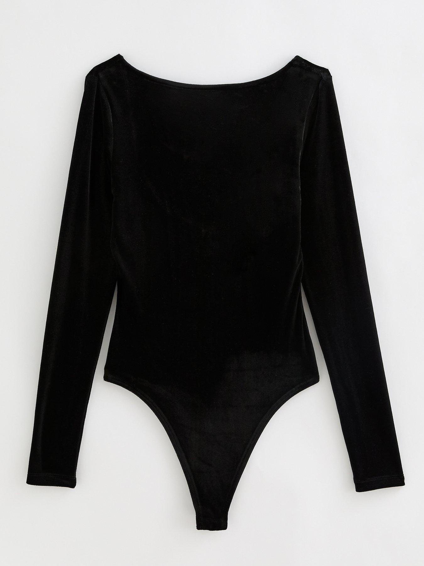 Image 7 of 7 of New Look Womens Velvet Scoop Back Long Sleeve Bodysuit - Black