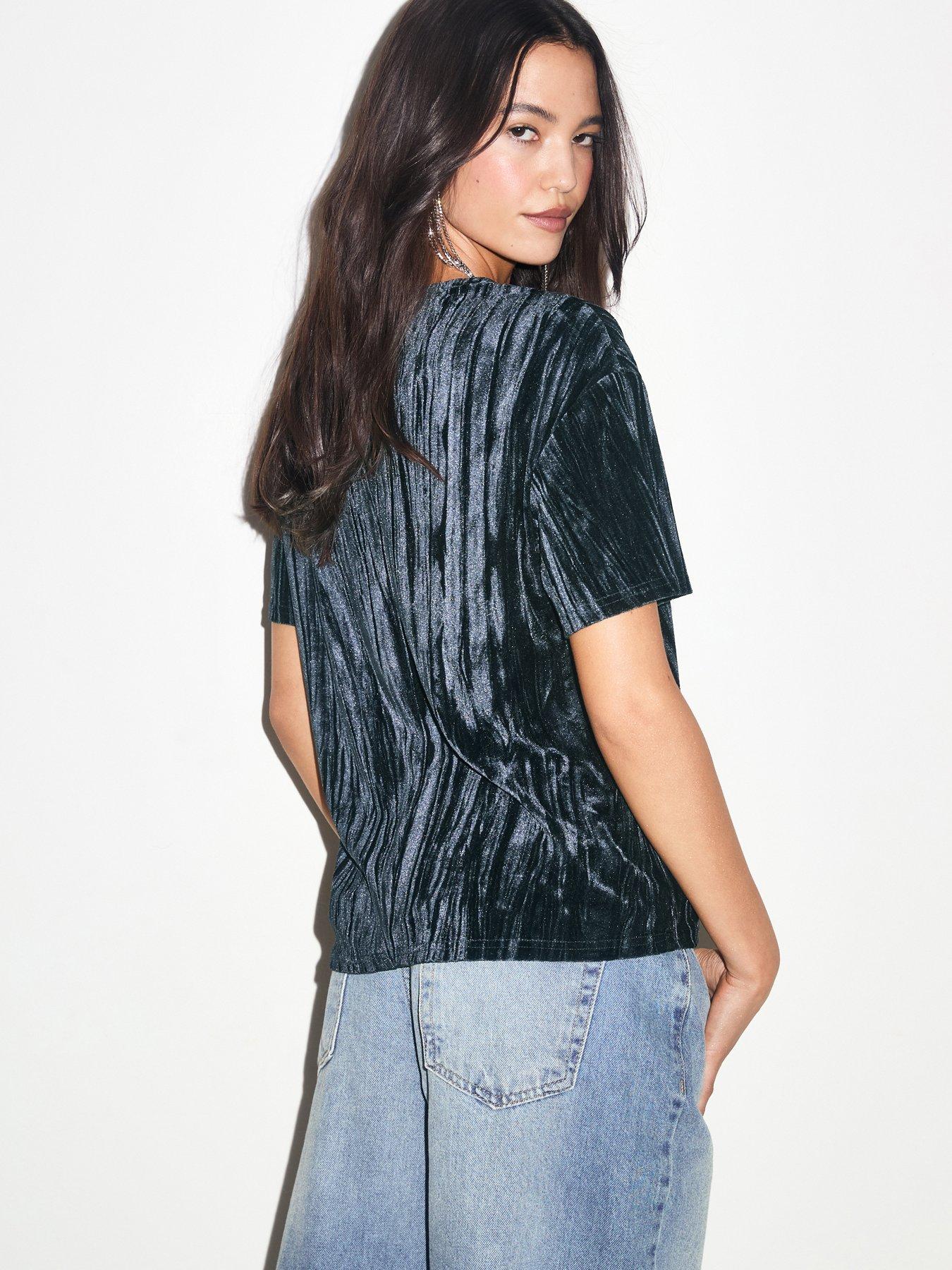 Image 2 of 6 of New Look Womens Crinkled Velvet Plain T-Shirt - Blue