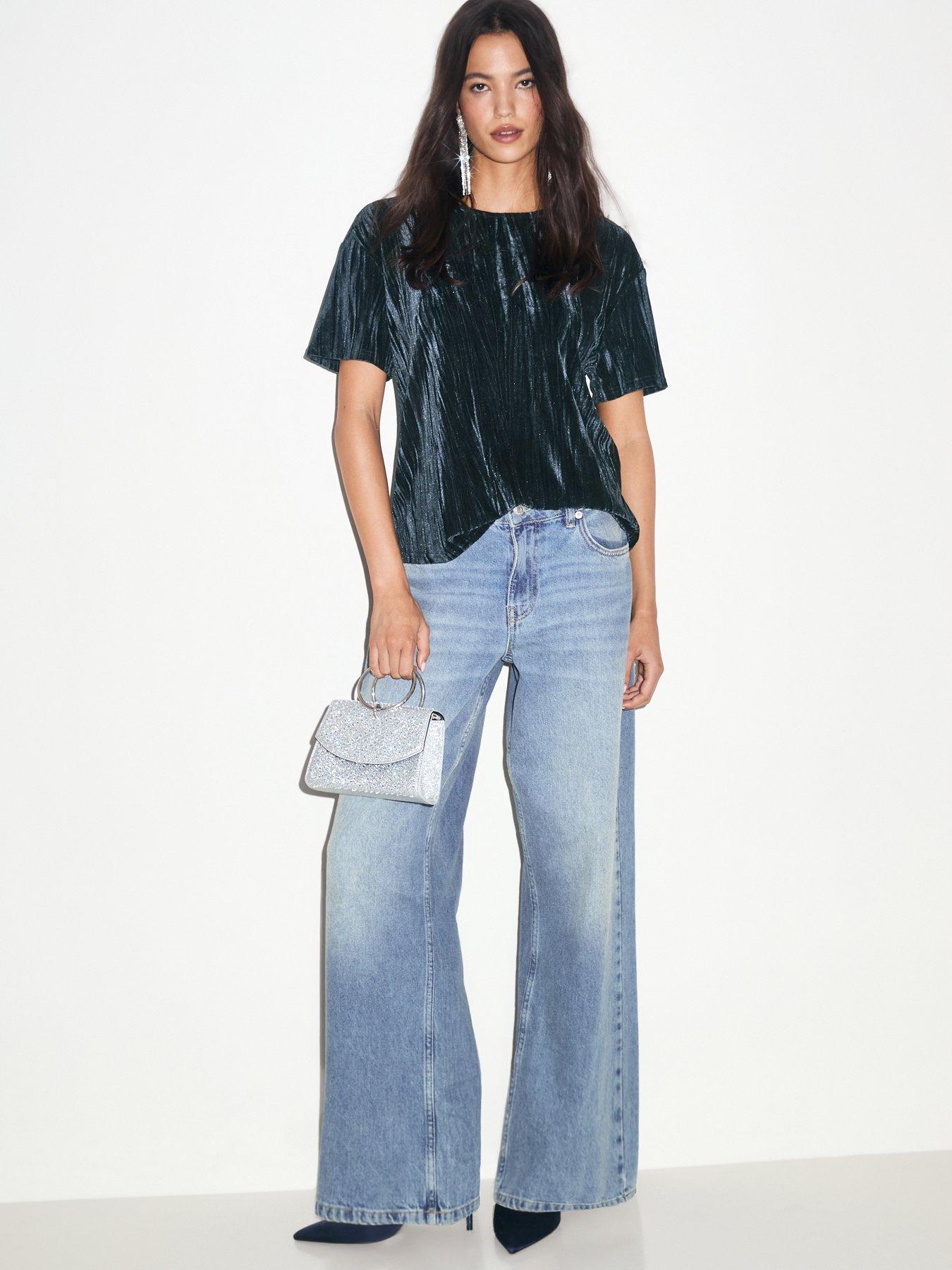 Image 5 of 6 of New Look Womens Crinkled Velvet Plain T-Shirt - Blue