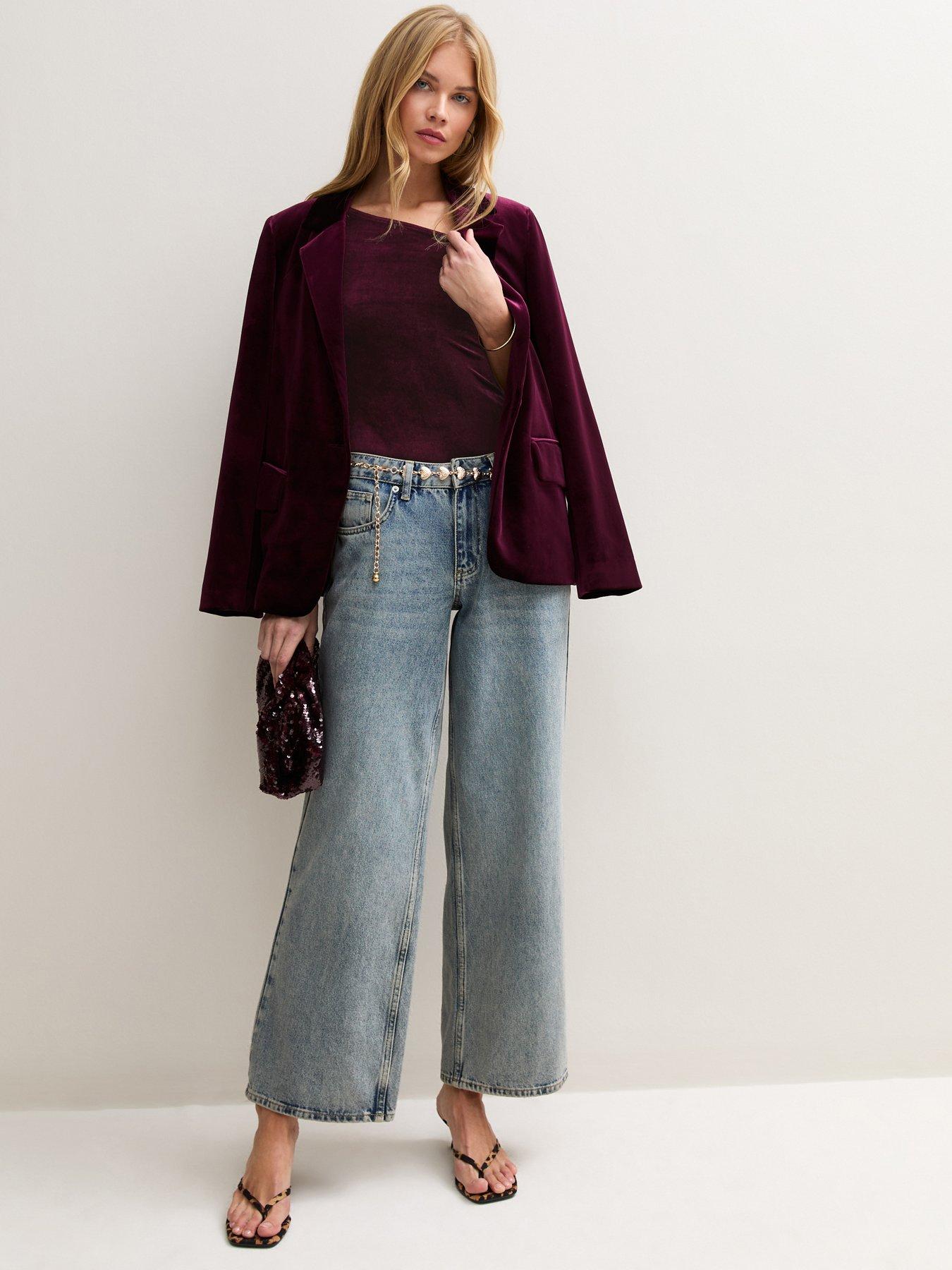Image 3 of 5 of New Look Womens Fallen Shoulder Velvet Bodysuit - Burgundy