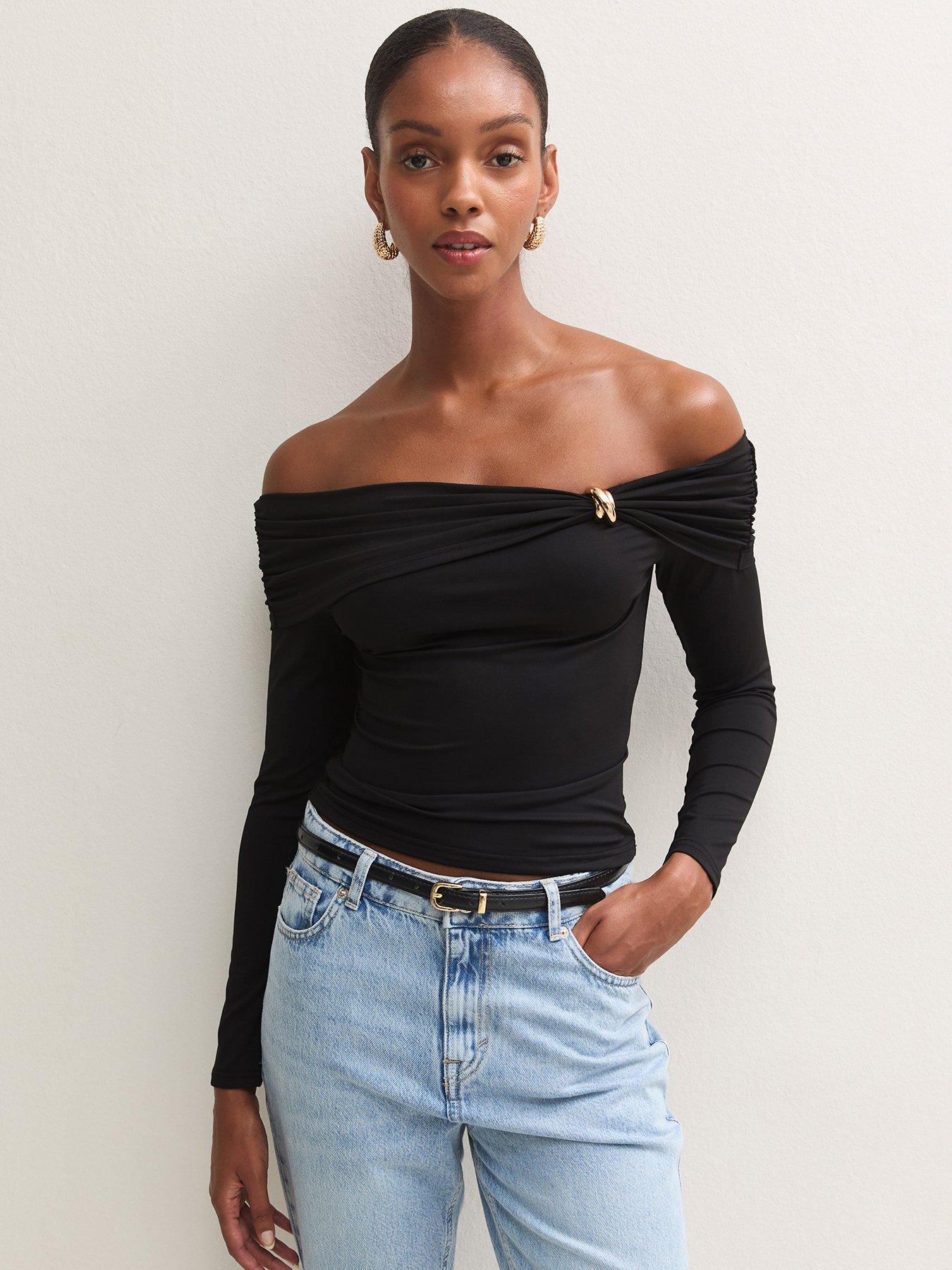 Image 1 of 5 of New Look Womens Slinky Jersey Bardot Long Sleeve Top - Black