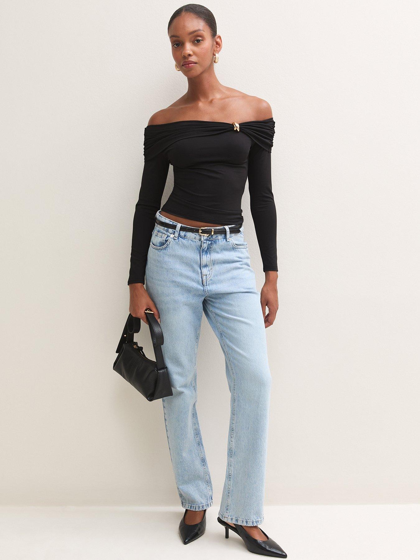 Image 3 of 5 of New Look Womens Slinky Jersey Bardot Long Sleeve Top - Black