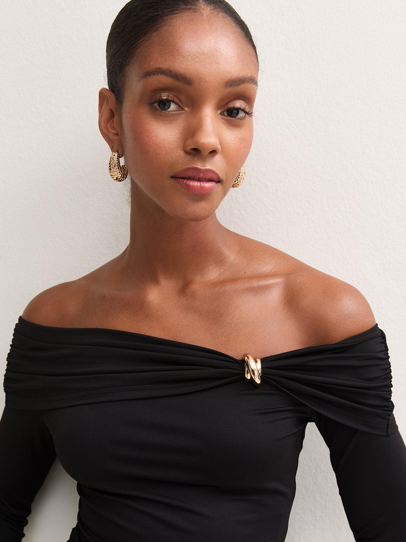 Image 4 of 5 of New Look Womens Slinky Jersey Bardot Long Sleeve Top - Black