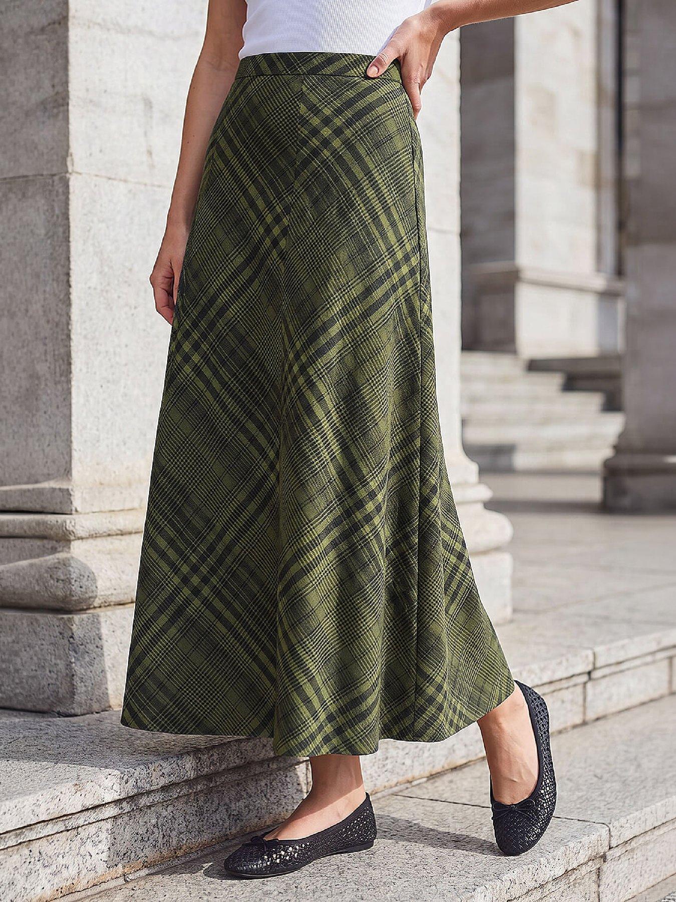 Roman Women's Green Print Check Midi Skirt Size 12 - Image 3