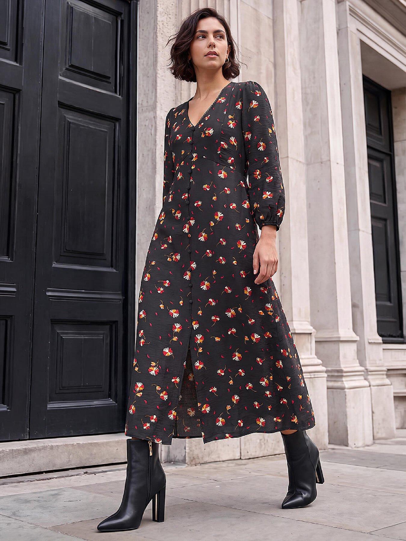 Roman Women's Lace Floral Print Midi Dress in Black | Size: 20 - Image 3