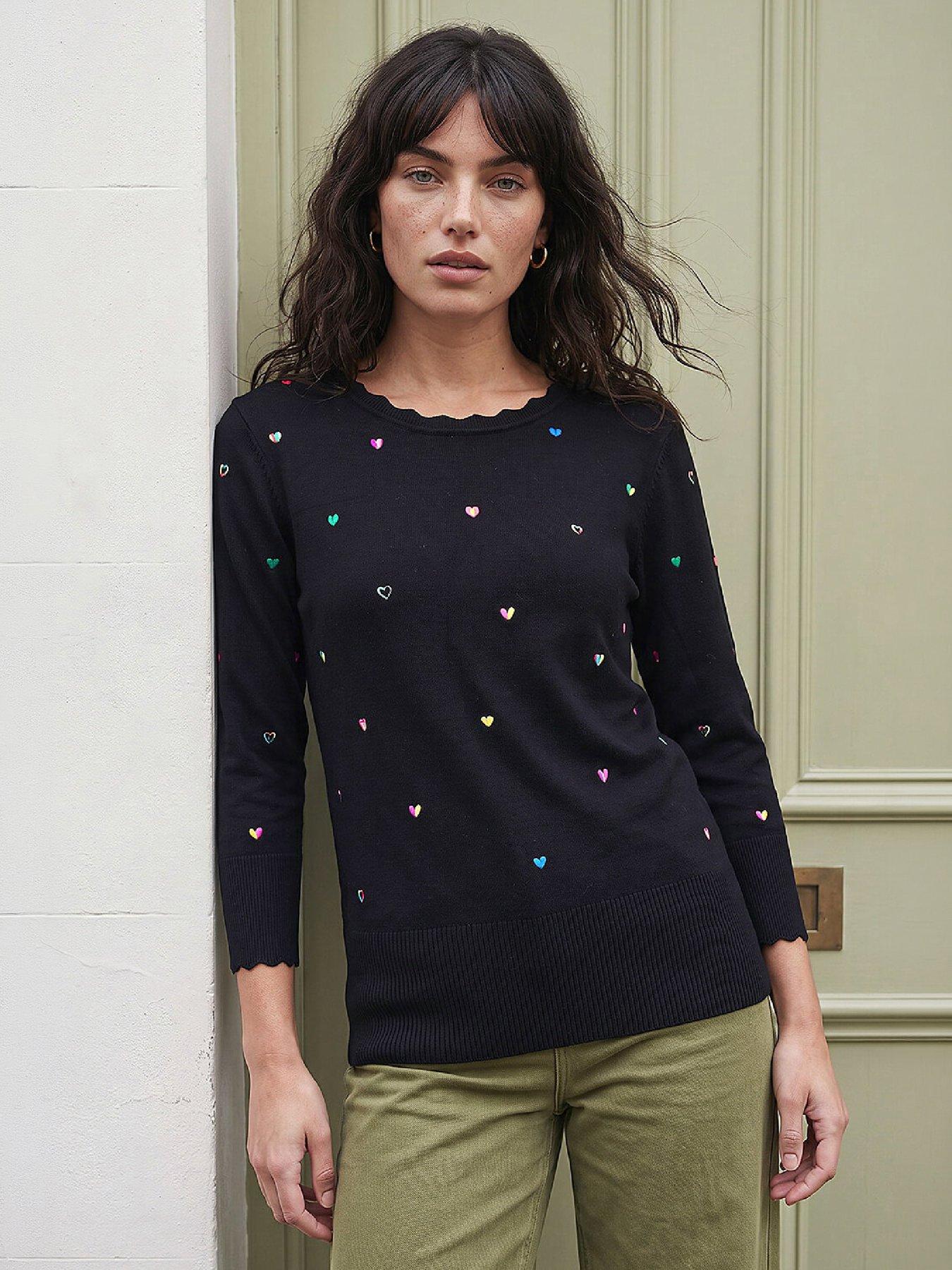 Roman Heart Embroidered Knit Jumper, Black, Size 20, Women