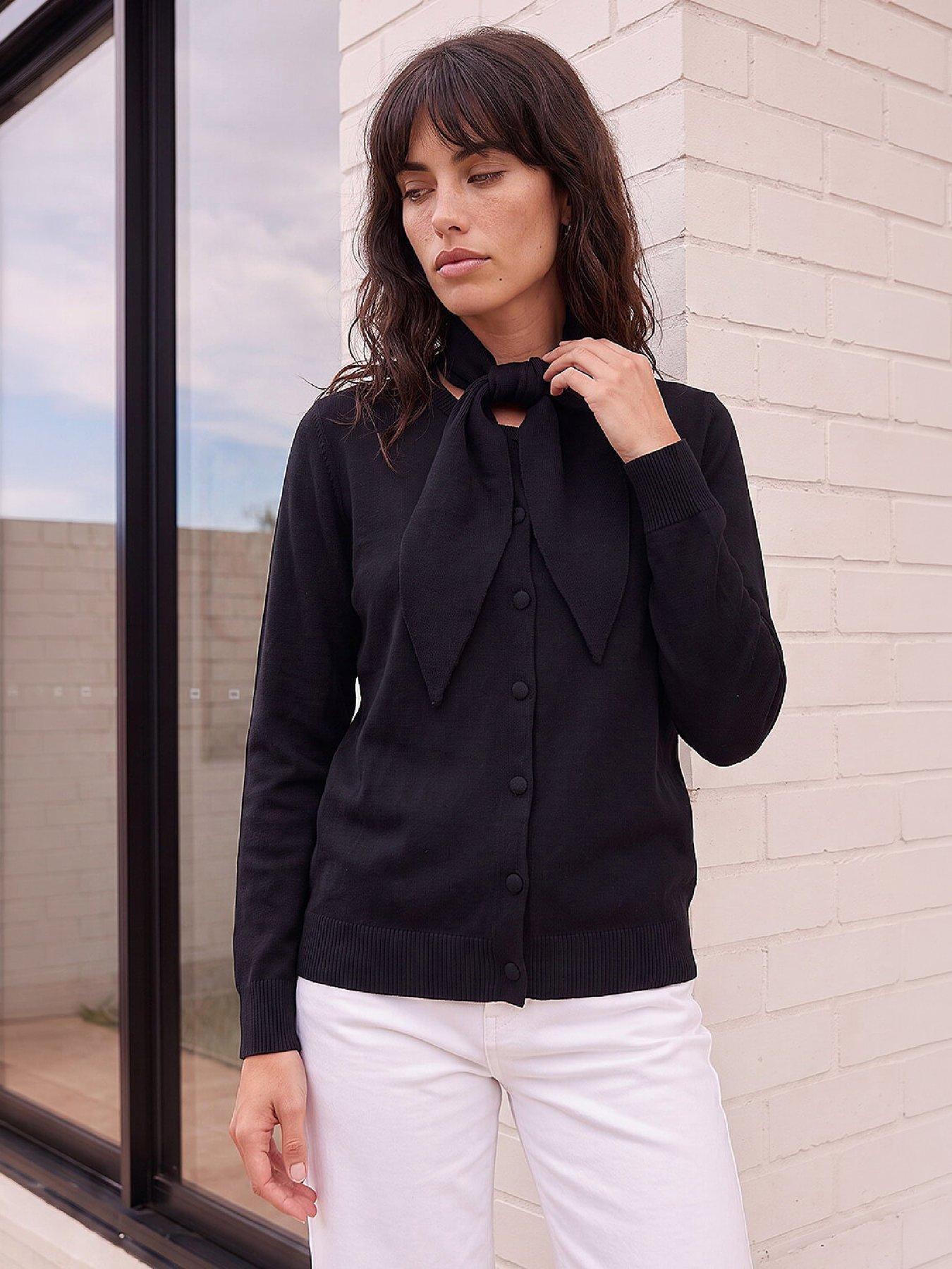 Roman Women's Black Tie Neck Soft Knit Cardigan Size 12 - Image 2